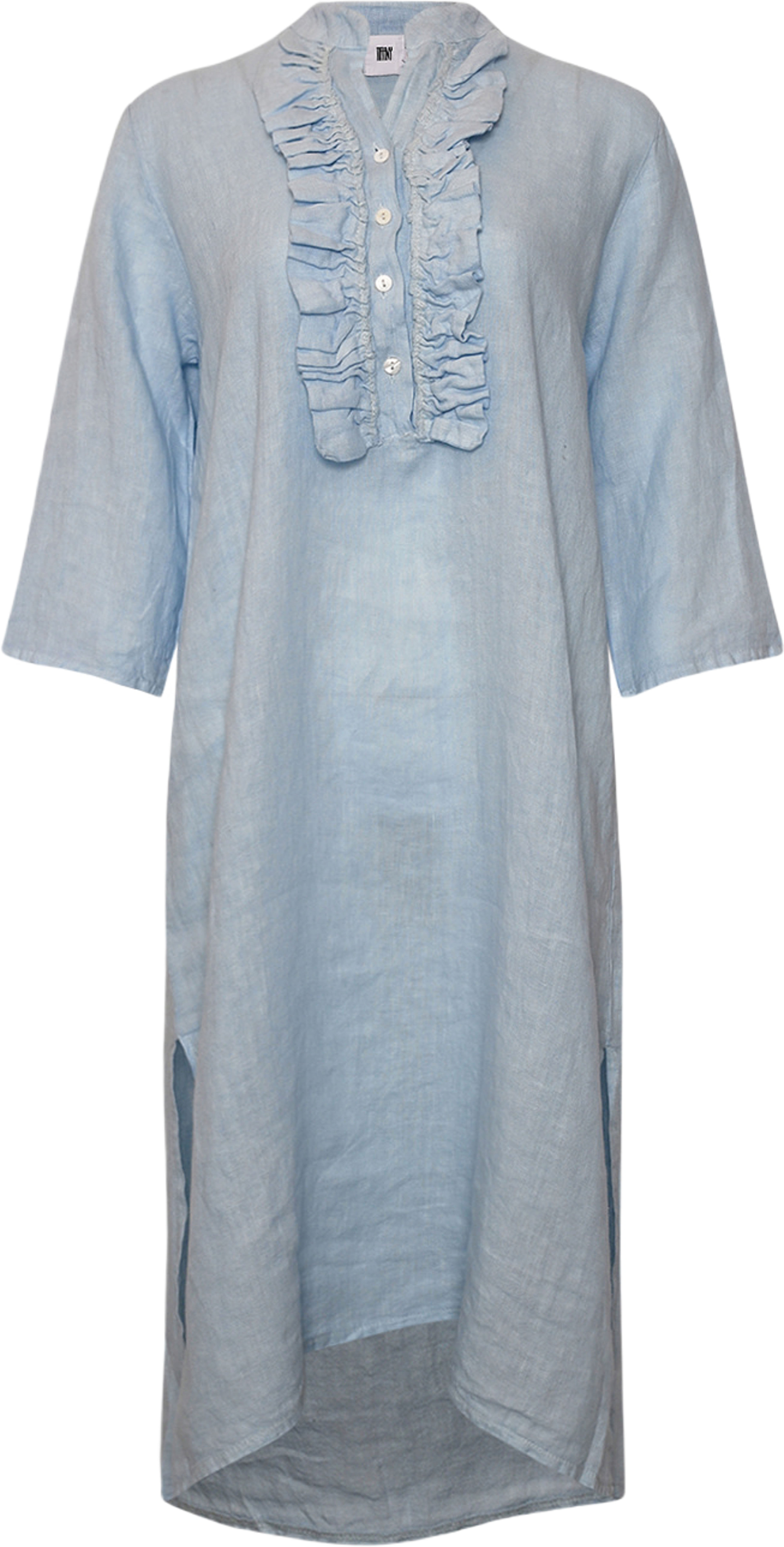 18970r, Long Shirt Dress Ruffle, Linen - Light Blue