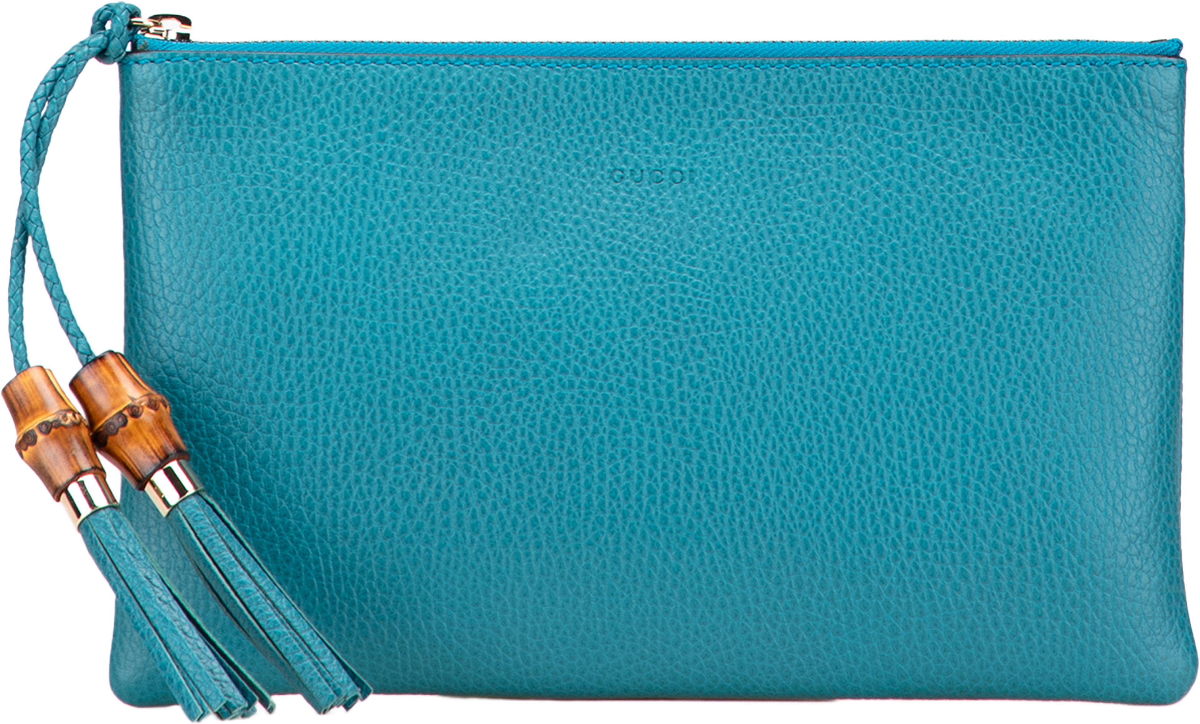 Gucci Calfskin Bamboo Clutch, från Luxclusif, i färgen blue. Klicka för att öppna bilden i stort format