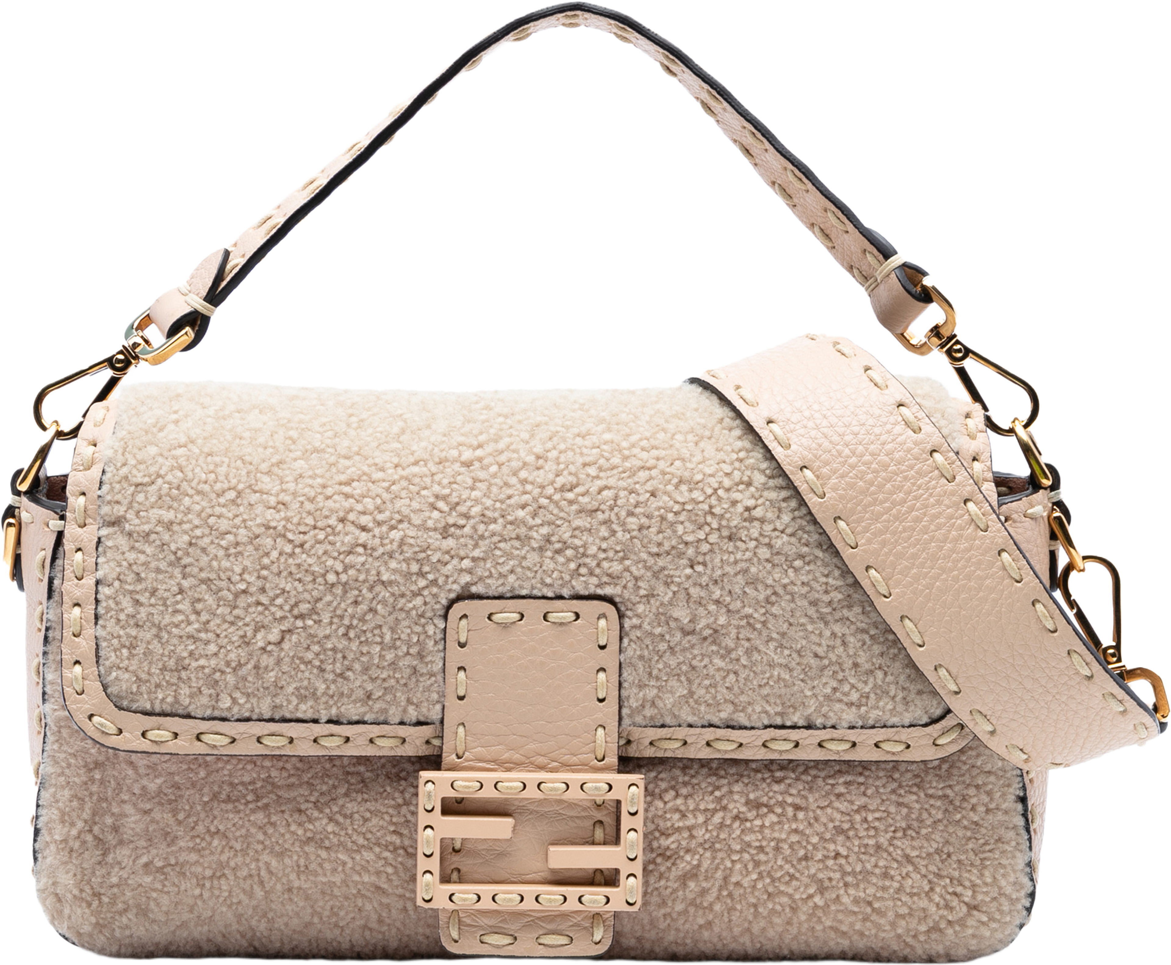 Fendi Medium Shearling Selleria Baguette Satchel, från Luxclusif, i färgen beige. Klicka för att öppna bilden i stort format