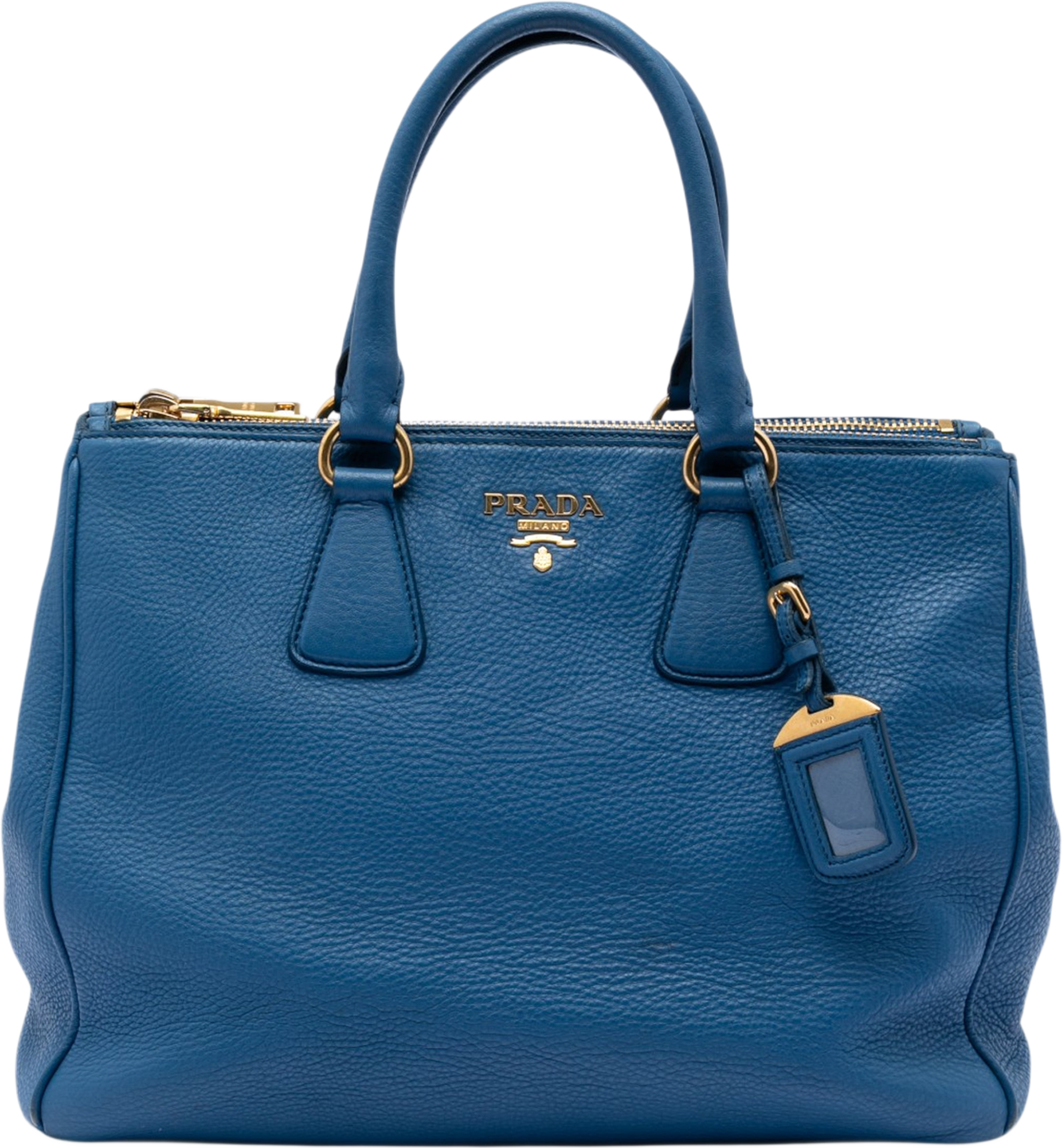 Prada Vitello Daino Double Zip Convertible Tote, från Luxclusif, i färgen blue. Klicka för att öppna bilden i stort format