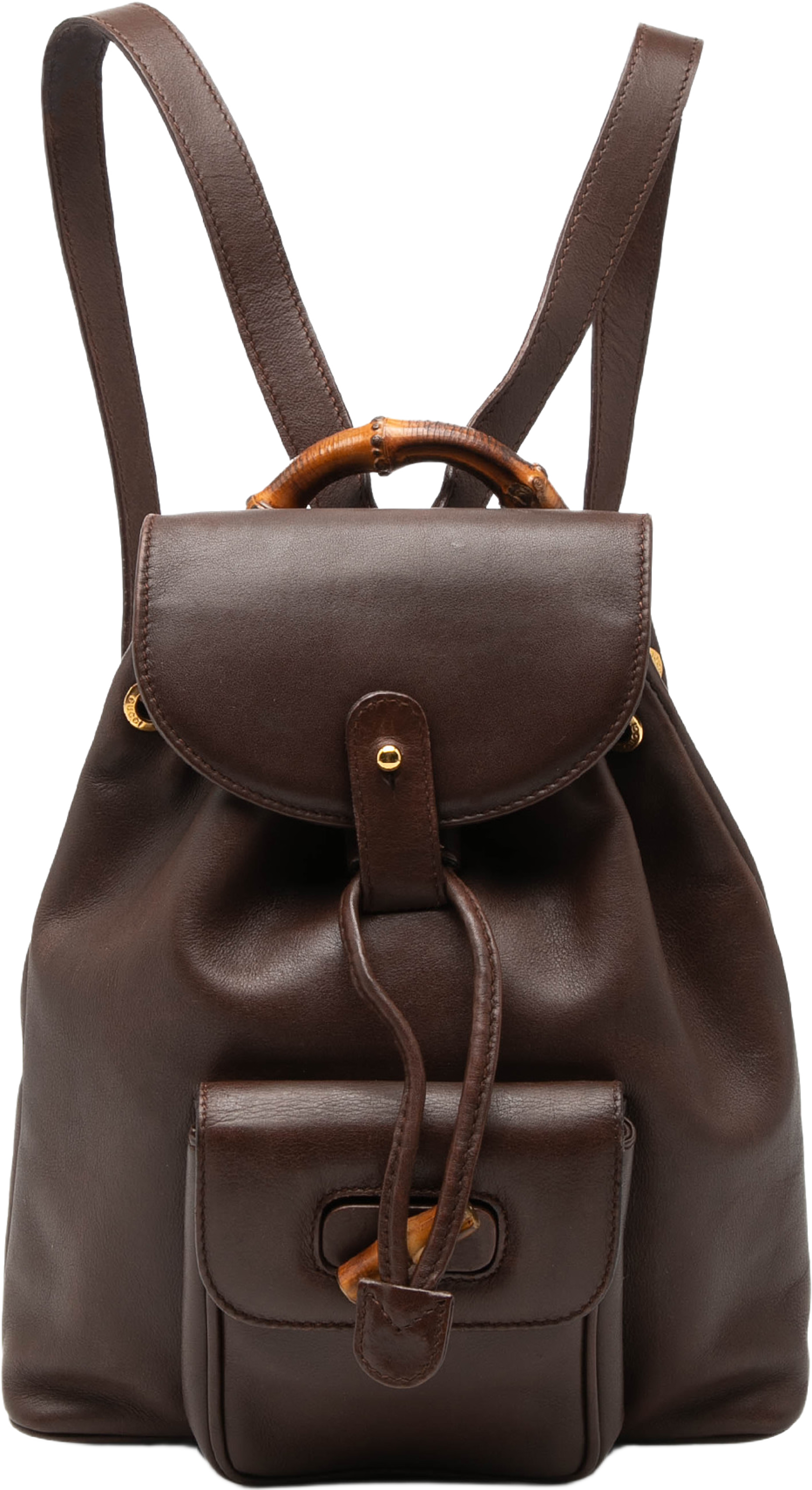 Gucci Calfskin Bamboo Drawstring Backpack, från Luxclusif, i färgen dark brown. Klicka för att öppna bilden i stort format