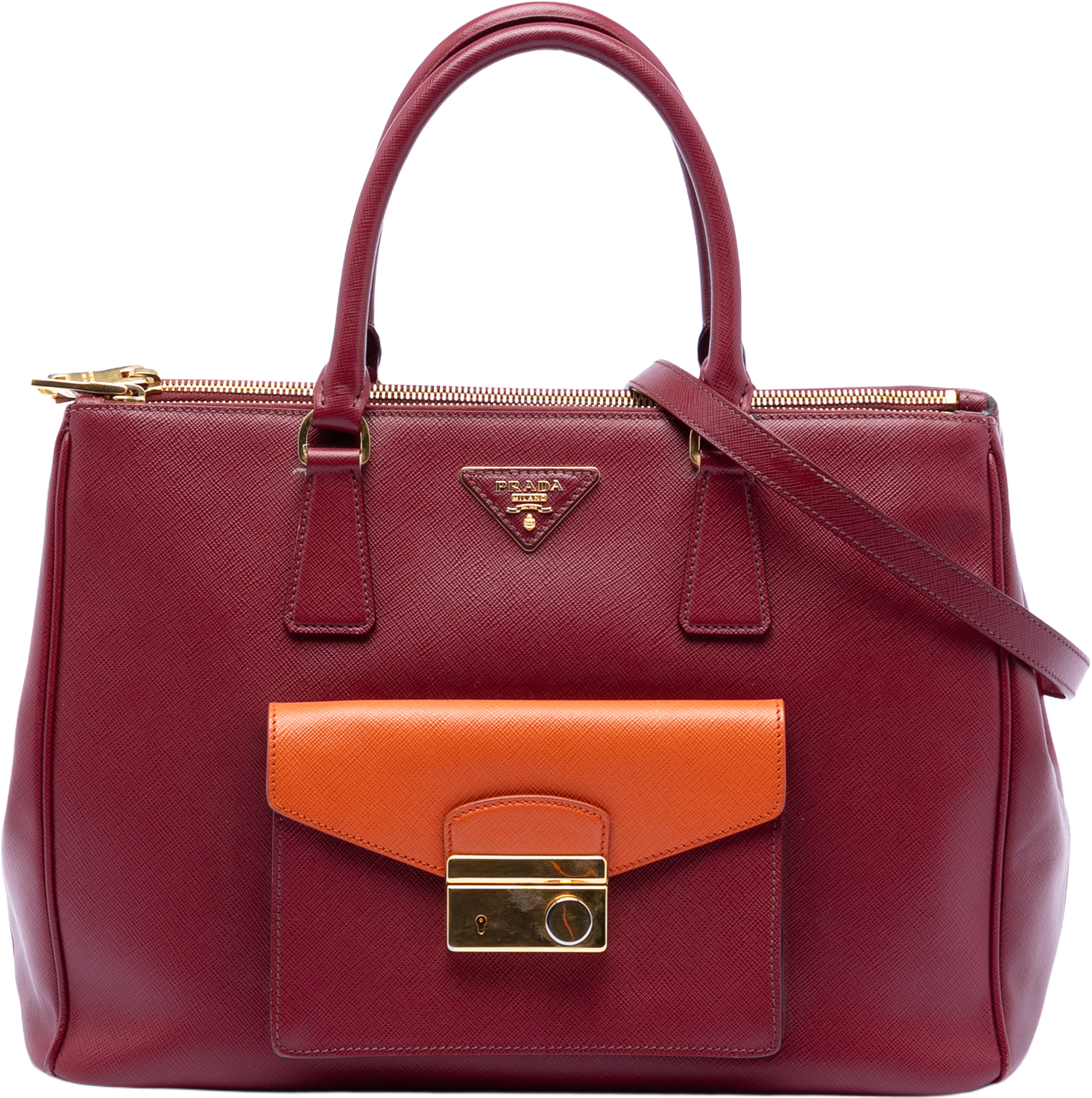 Prada Saffiano Lux Galleria Double Zip Front Pocket Satchel, från Luxclusif, i färgen red. Klicka för att öppna bilden i stort format
