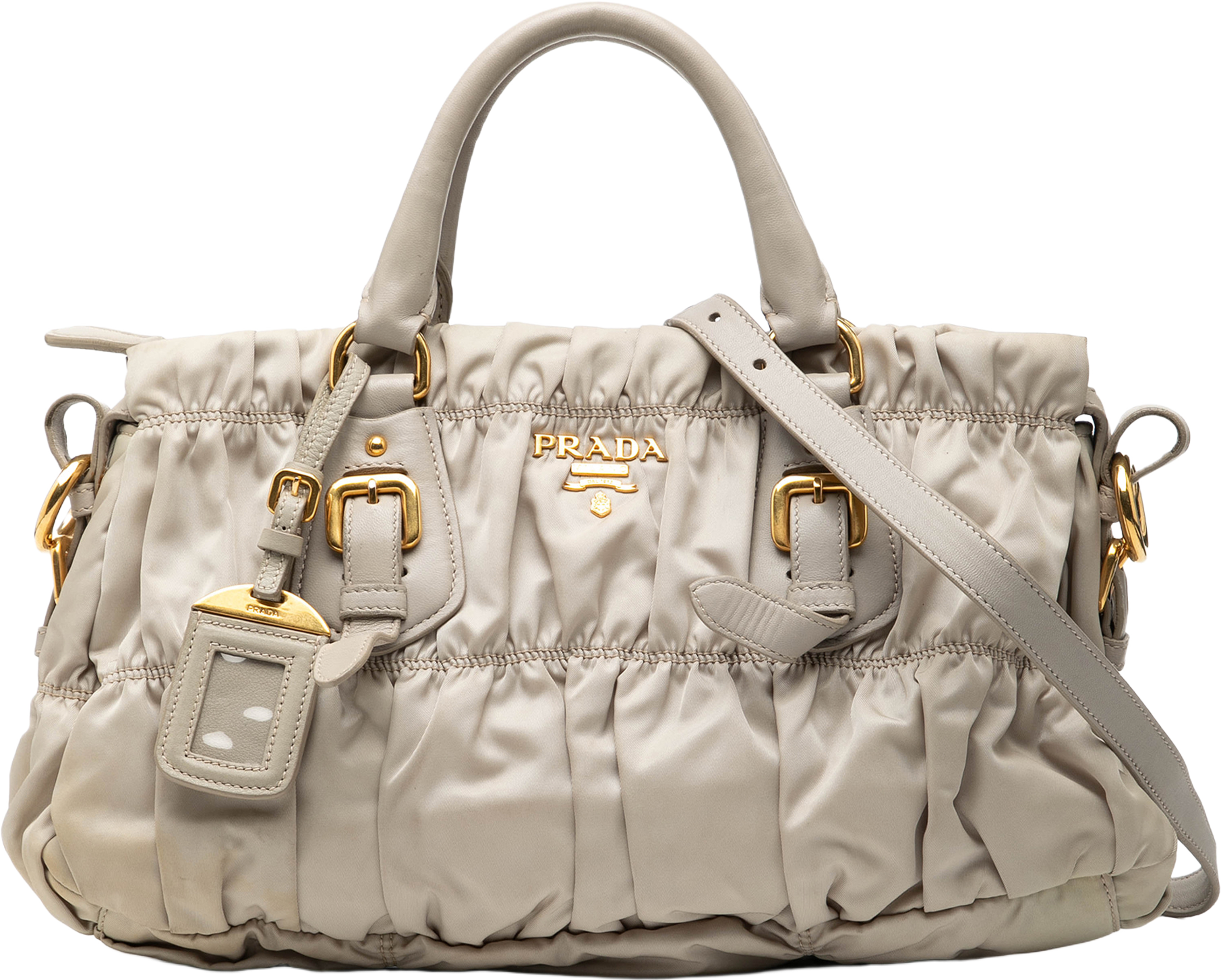 Prada Tessuto Gaufre Satchel, från Luxclusif, i färgen light gray. Klicka för att öppna bilden i stort format