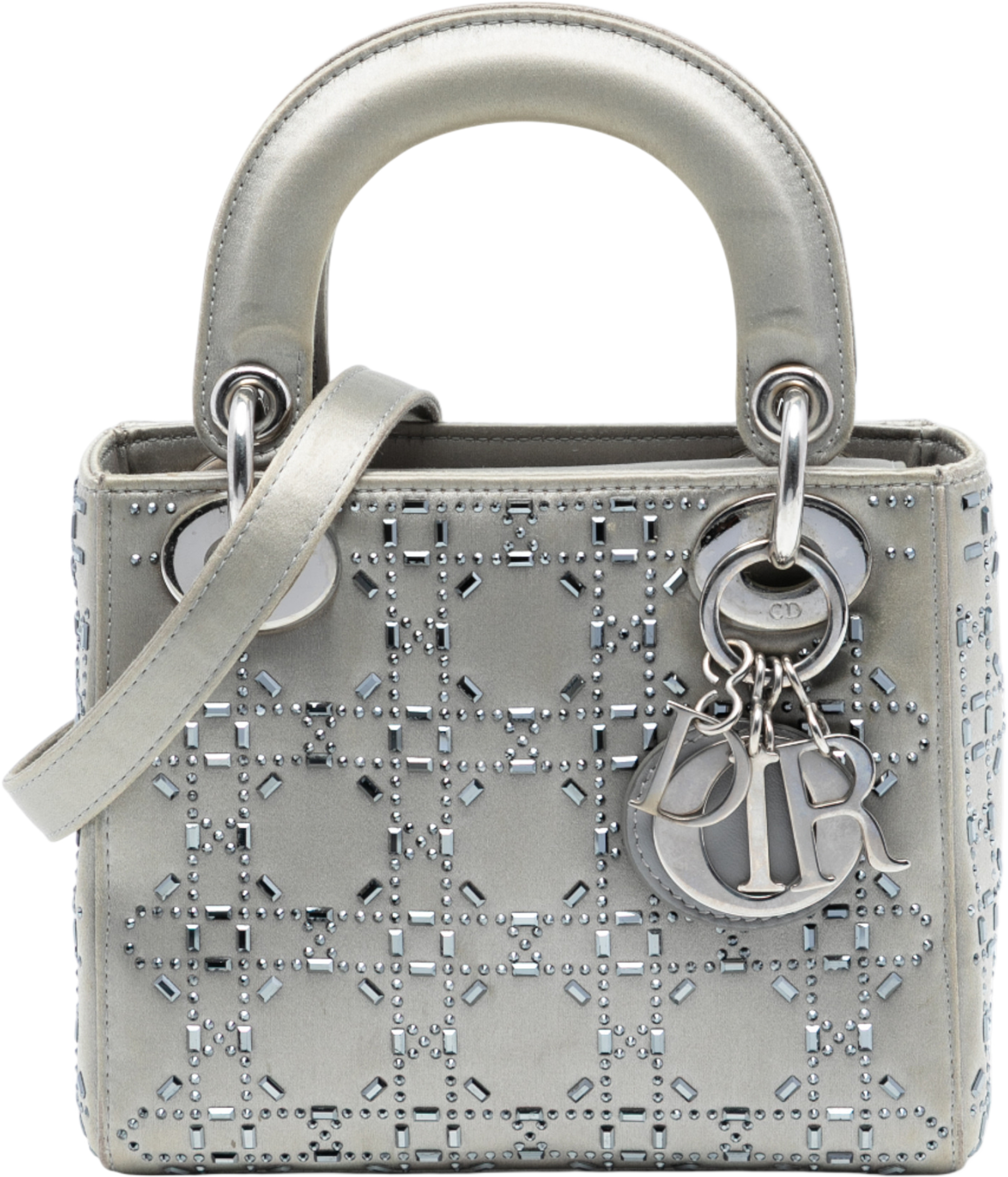 Dior Mini Satin Cannage Strass Crystal Embellished Lady Dior, från Luxclusif, i färgen gray. Klicka för att öppna bilden i stort format