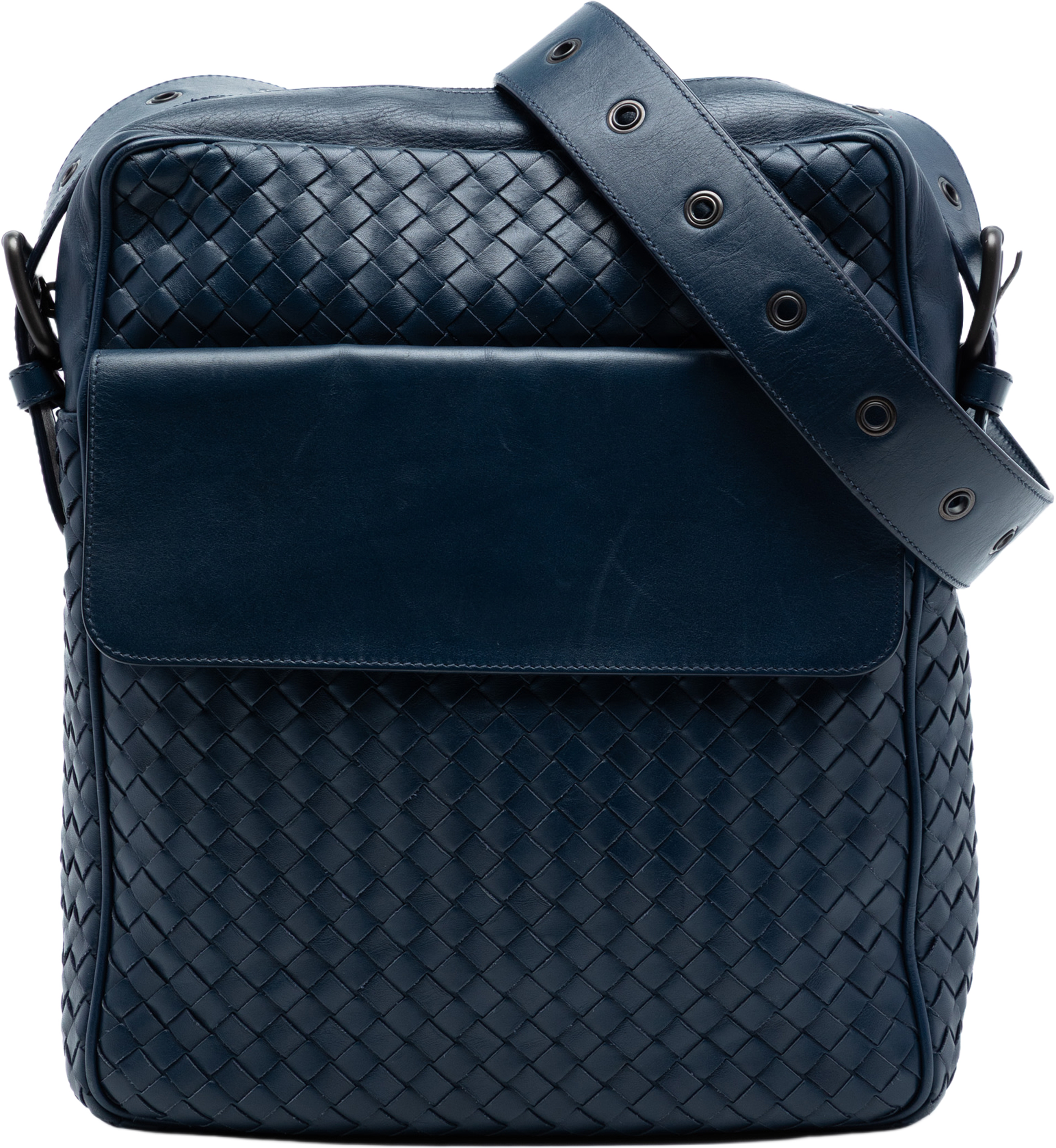 Bottega Veneta Nappa Intrecciato Front Pocket Crossbody, från Luxclusif, i färgen navy. Klicka för att öppna bilden i stort format