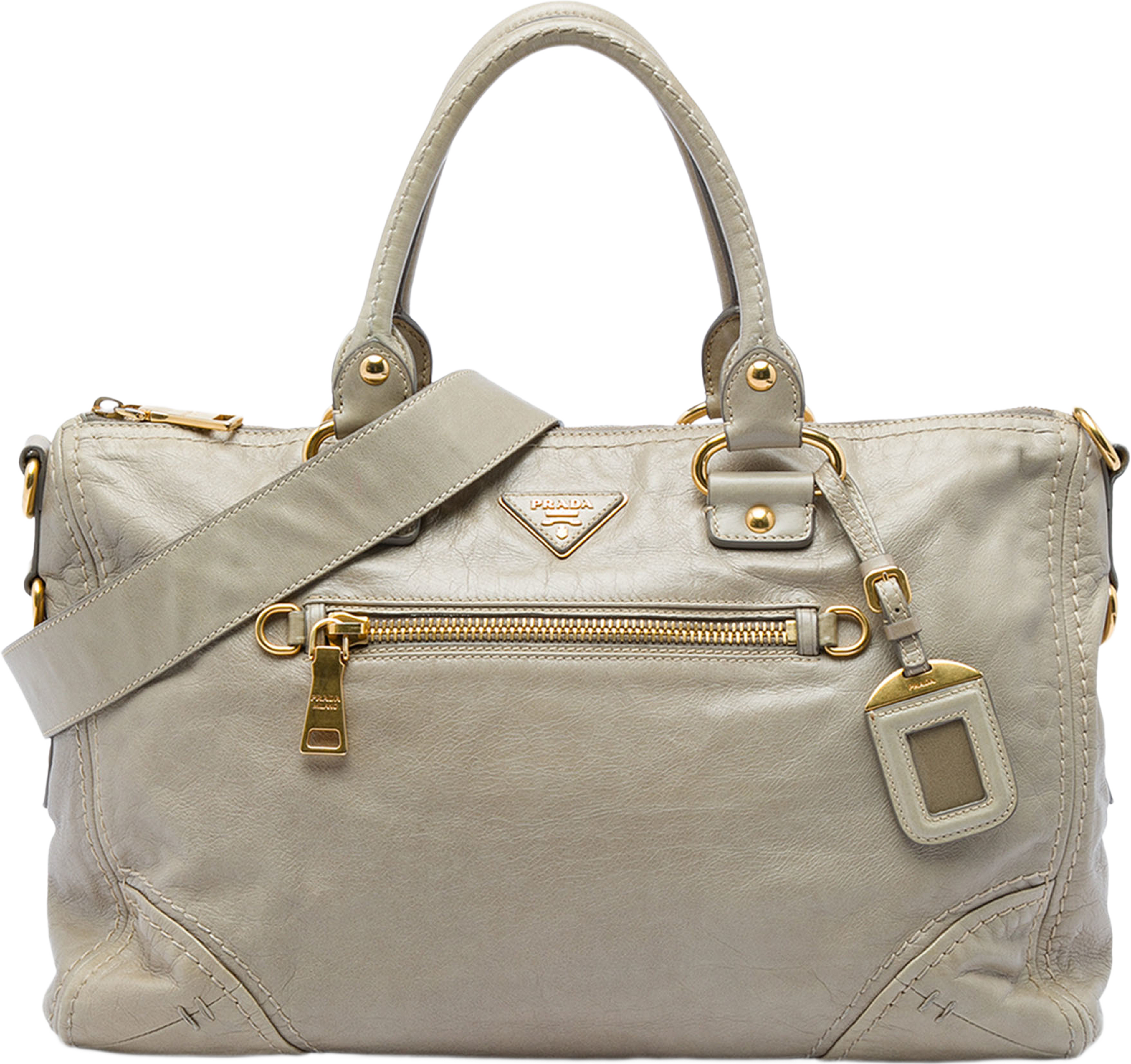 Prada Vitello Shine Bauletto Zip Top Satchel, från Luxclusif, i färgen beige. Klicka för att öppna bilden i stort format