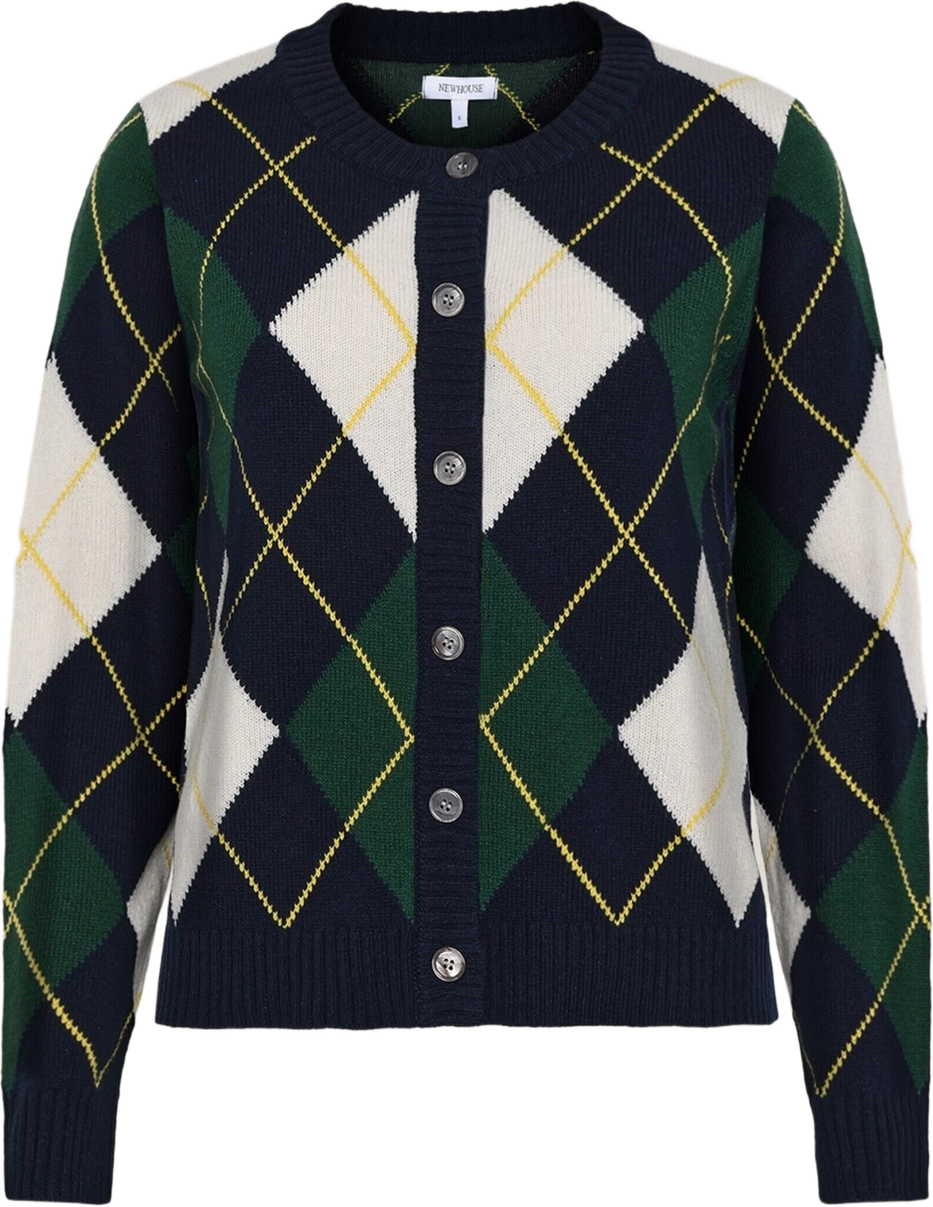 Cardigan Khaite Argyle, från Newhouse, i färgen marinblå. Klicka för att öppna bilden i stort format