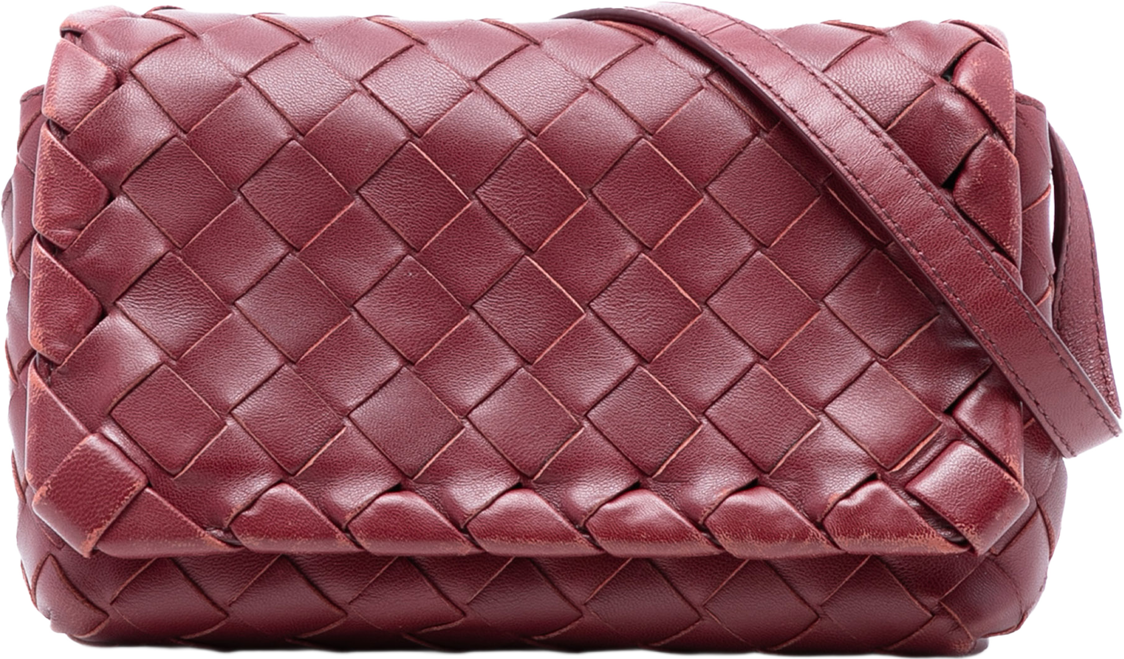 Bottega Veneta Mini Nappa Intrecciato Crossbody, från Luxclusif, i färgen burgundy. Klicka för att öppna bilden i stort format