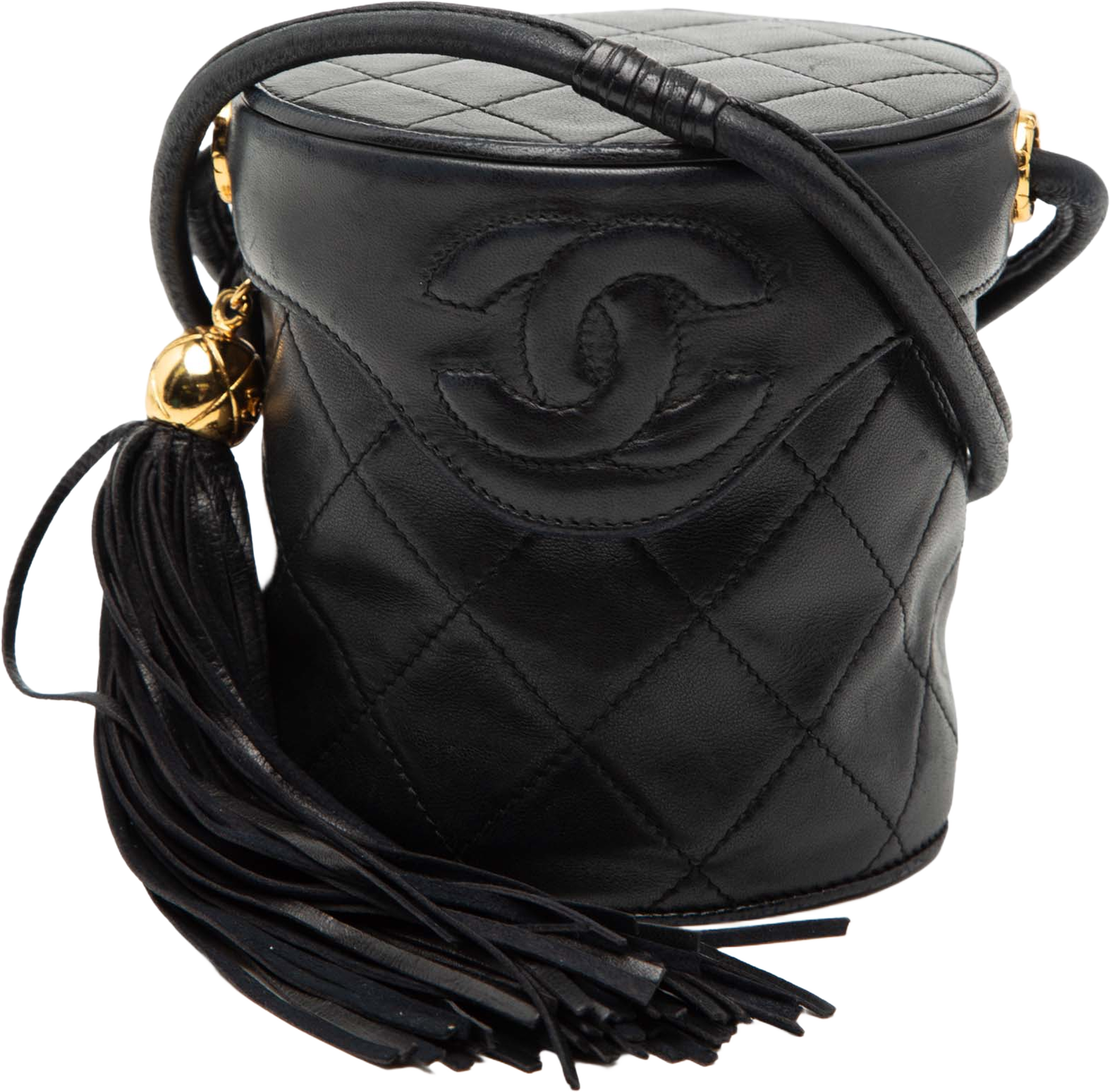 Chanel Mini Quilted Lambskin Canteen Tassel Vanity Case, från Luxclusif, i färgen black. Klicka för att öppna bilden i stort format