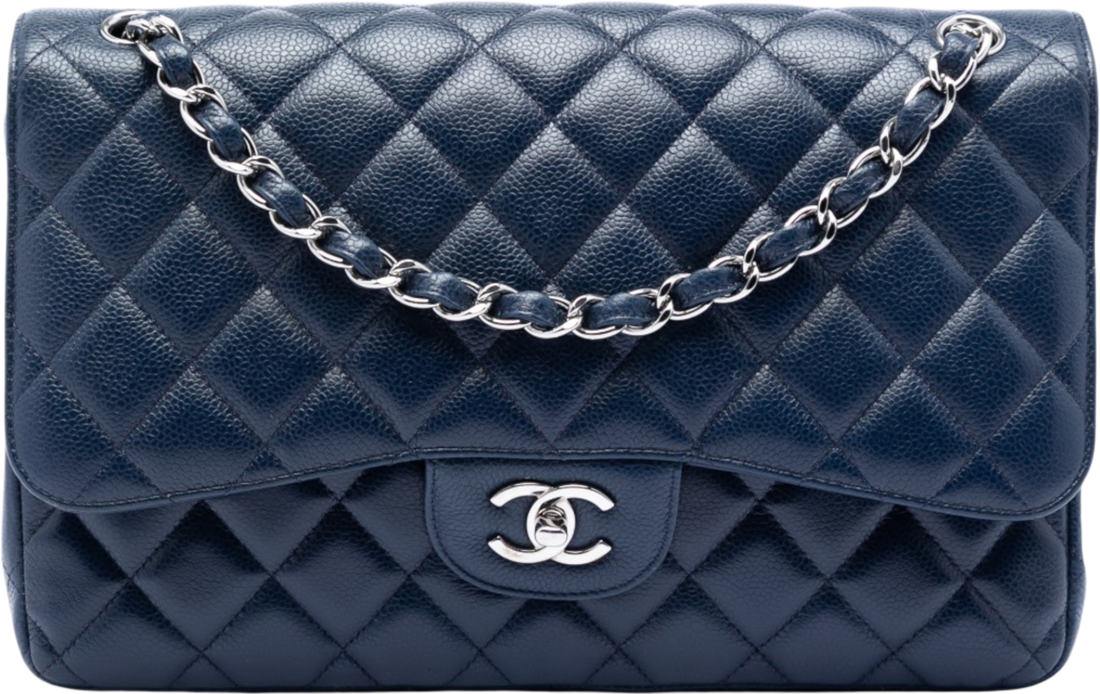 Chanel Jumbo Classic Caviar Double Flap, från Luxclusif, i färgen dark blue. Klicka för att öppna bilden i stort format