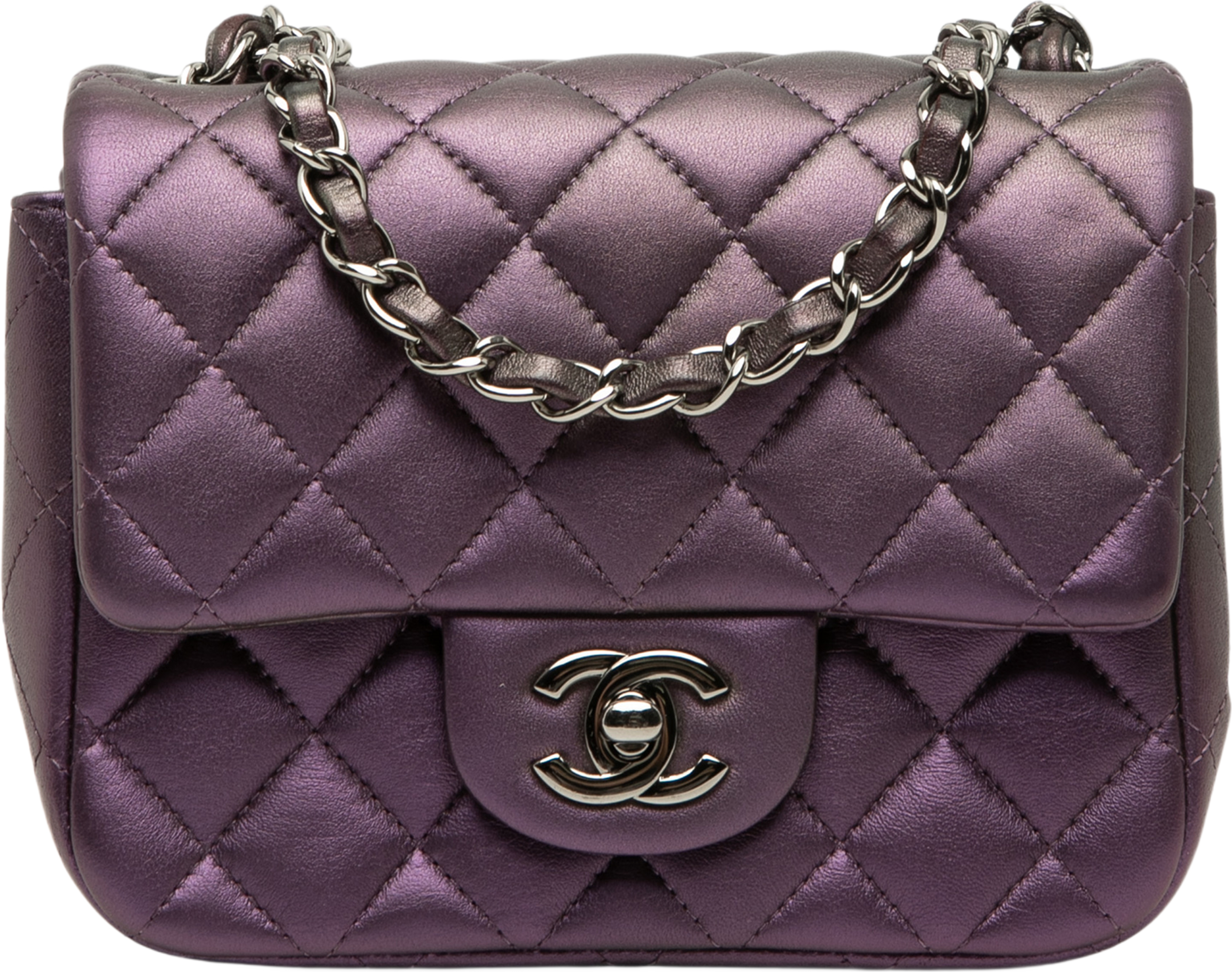 Chanel Mini Square Classic Iridescent Lambskin Single Flap, från Luxclusif, i färgen purpur. Klicka för att öppna bilden i stort format