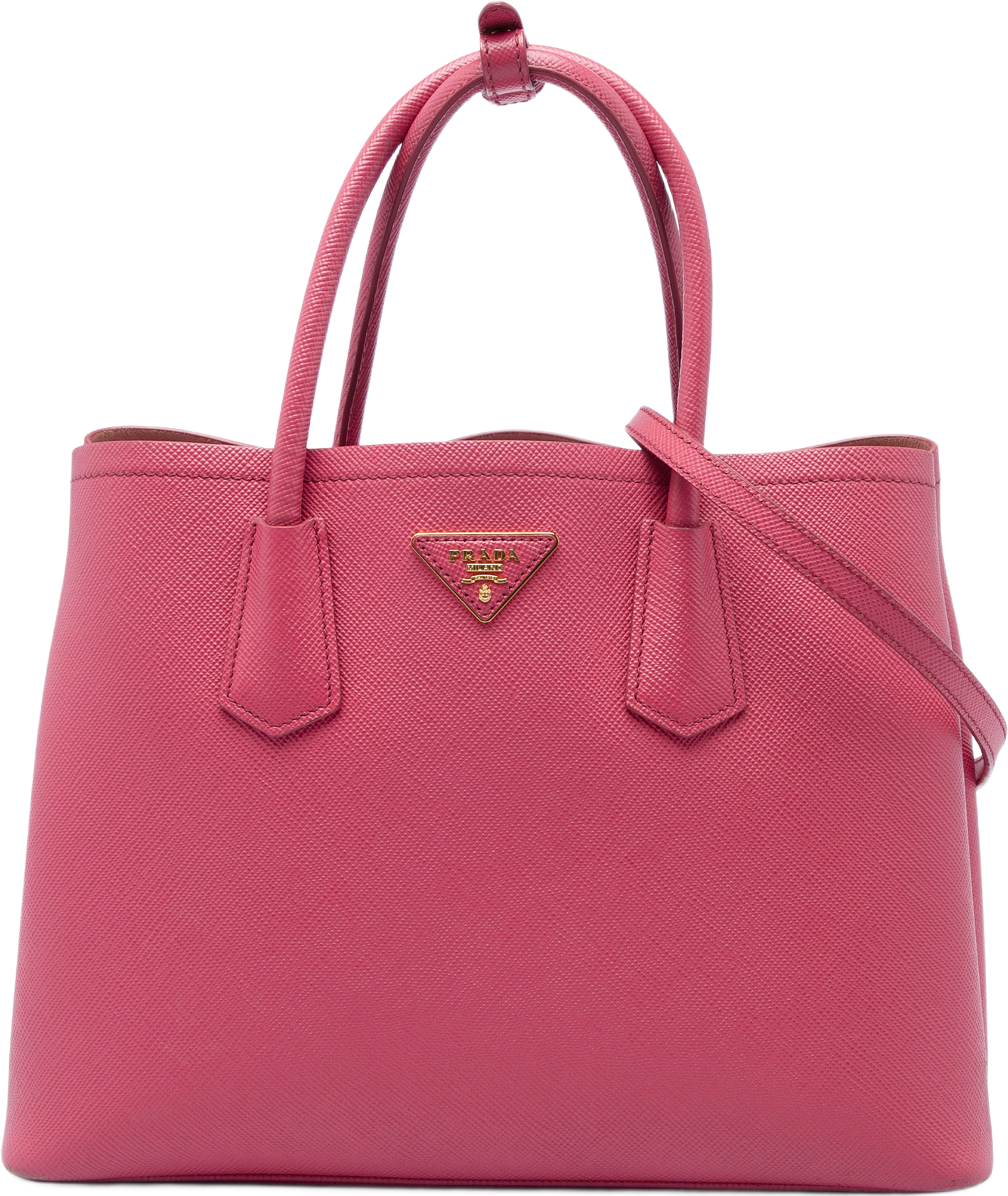 Prada Medium Saffiano Cuir Double Satchel, från Luxclusif, i färgen rosa. Klicka för att öppna bilden i stort format