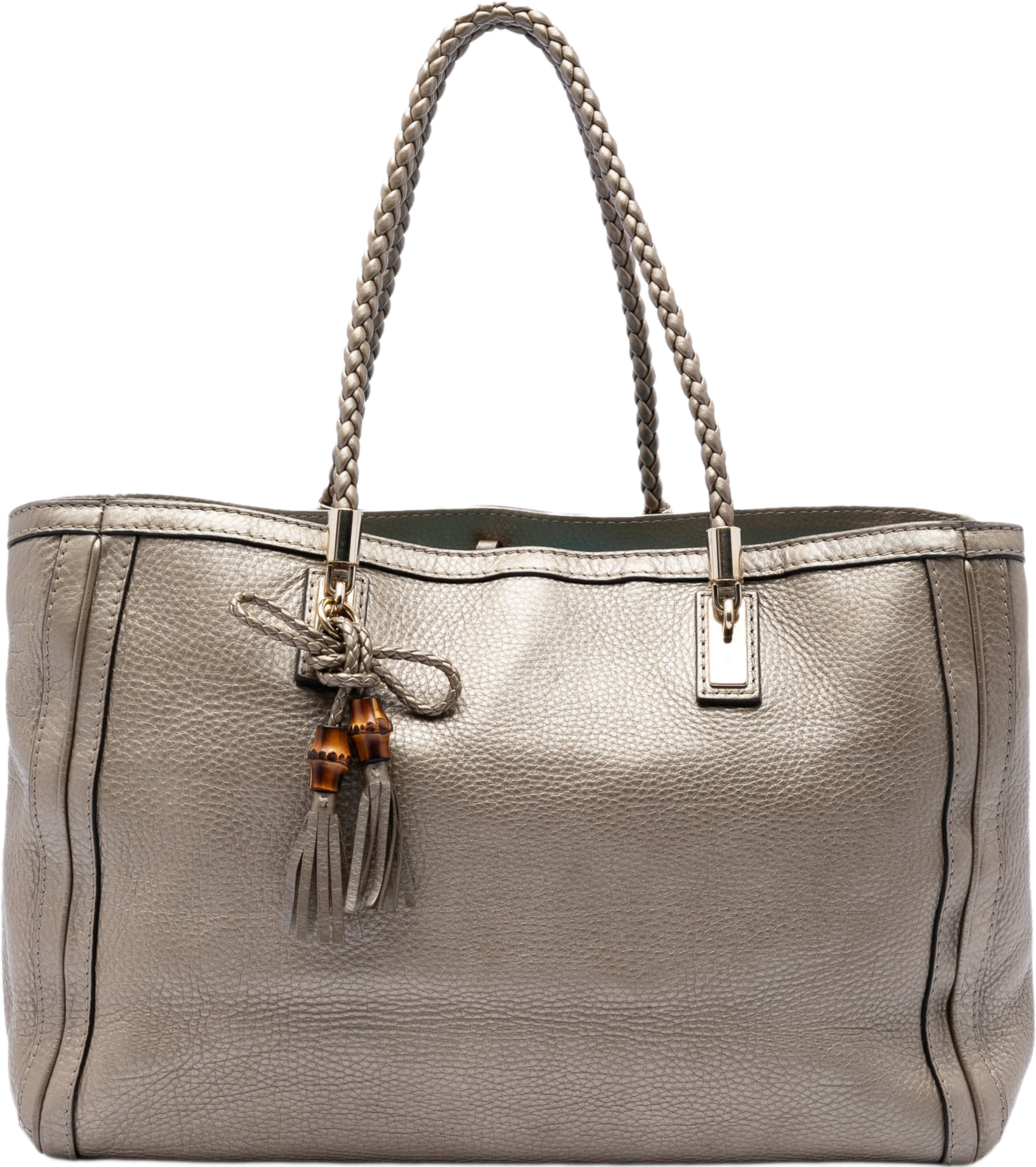 Gucci Metallic Grained Leather Bella Tote, från Luxclusif, i färgen gold. Klicka för att öppna bilden i stort format