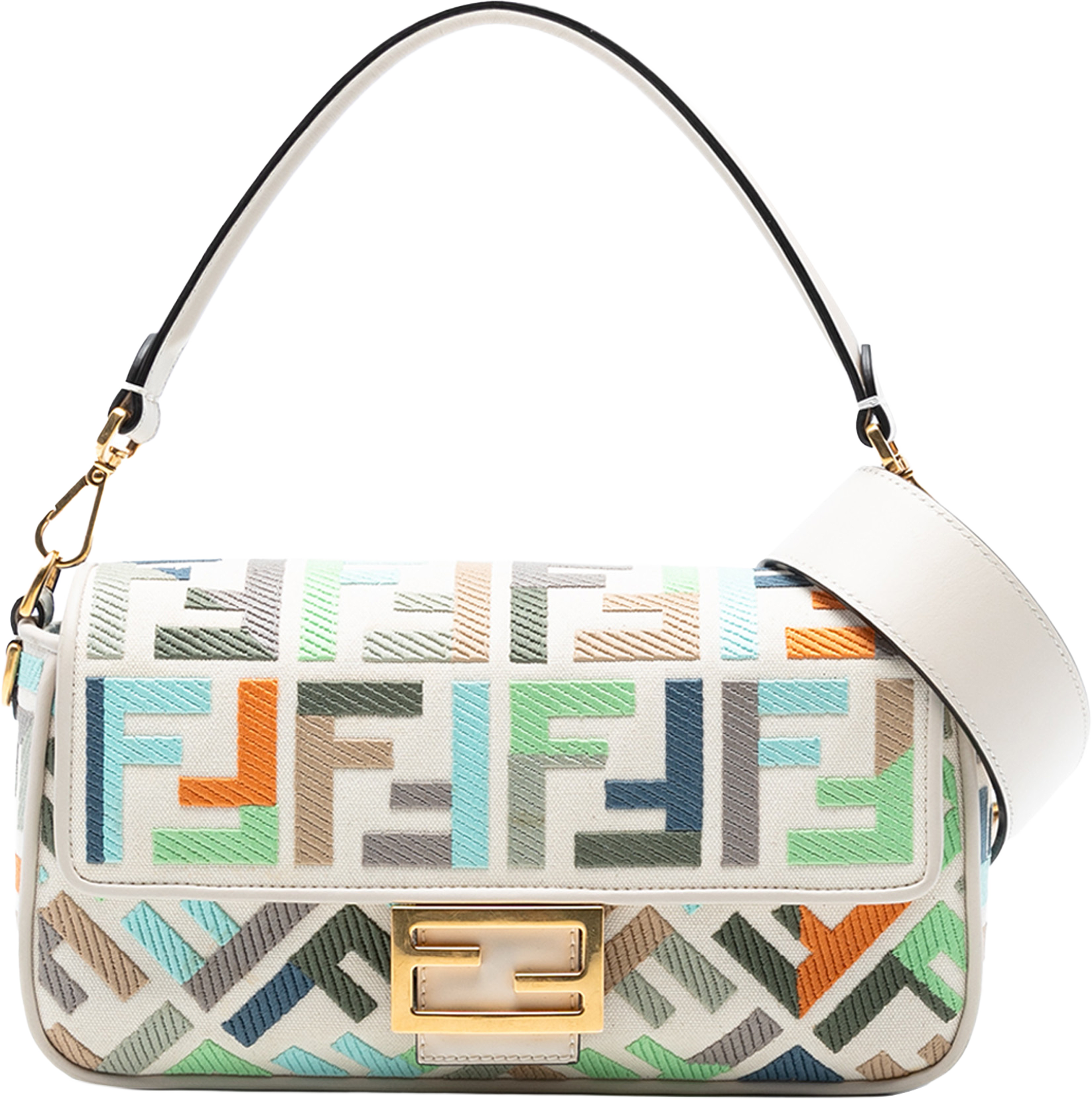 Fendi Zucca Embroidered Canvas Baguette Satchel, från Luxclusif, i färgen white. Klicka för att öppna bilden i stort format