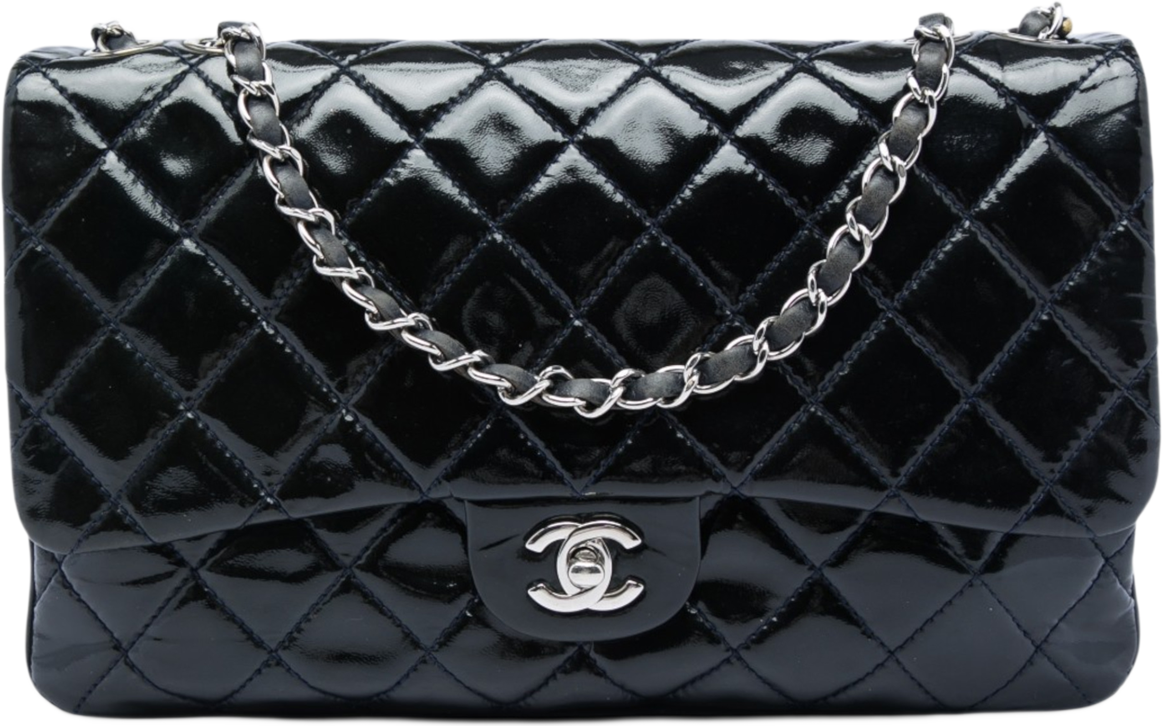 Chanel Jumbo Quilted Patent 3 Compartment Flap, från Luxclusif, i färgen blå. Klicka för att öppna bilden i stort format