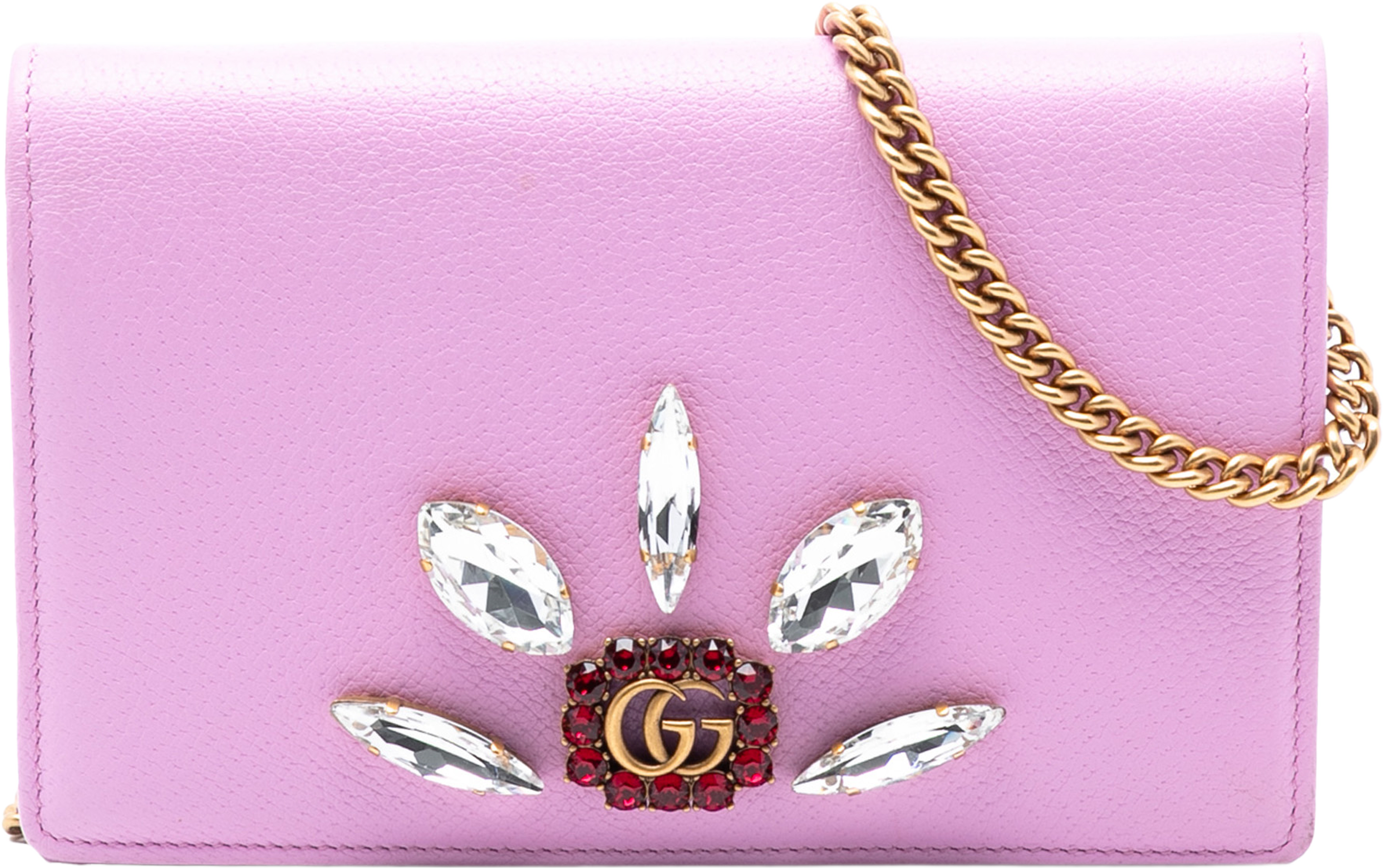 Gucci Gg Marmont Embellished Leather Wallet On Chain, från Luxclusif, i färgen pink. Klicka för att öppna bilden i stort format