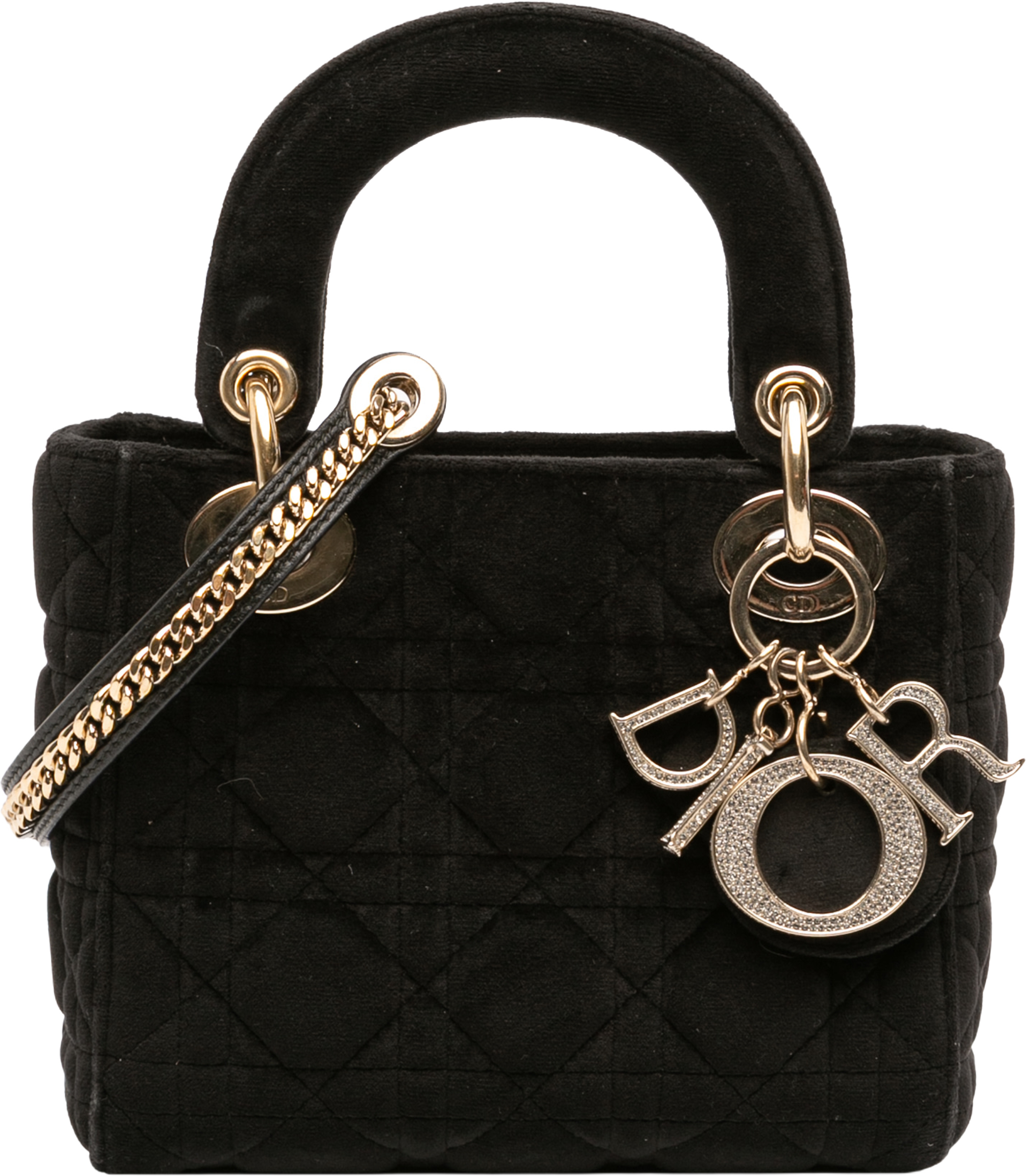 Dior Mini Velvet Cannage Lady Dior, från Luxclusif, i färgen black. Klicka för att öppna bilden i stort format