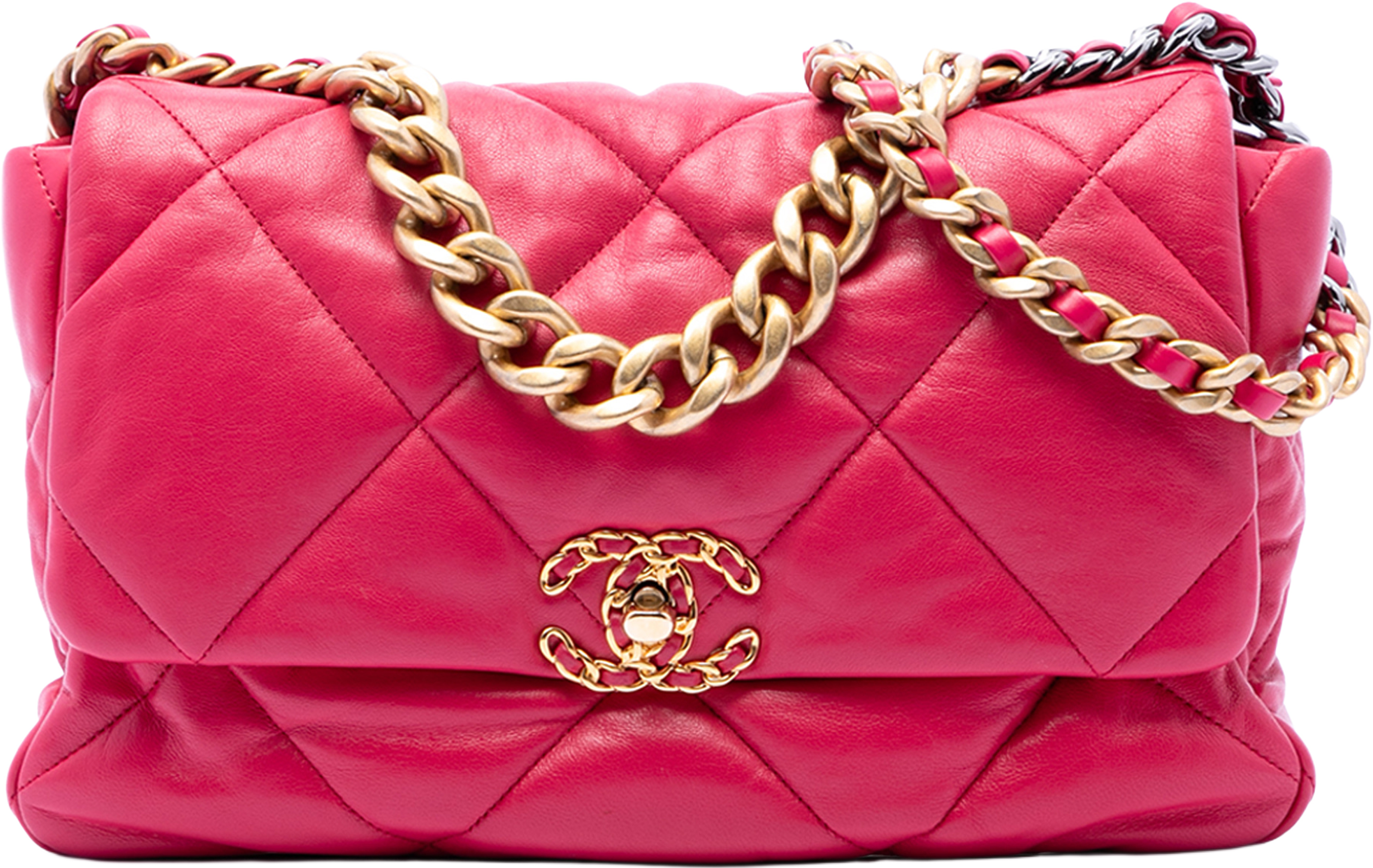 Chanel Large Lambskin 19 Flap, från Luxclusif, i färgen dark pink. Klicka för att öppna bilden i stort format