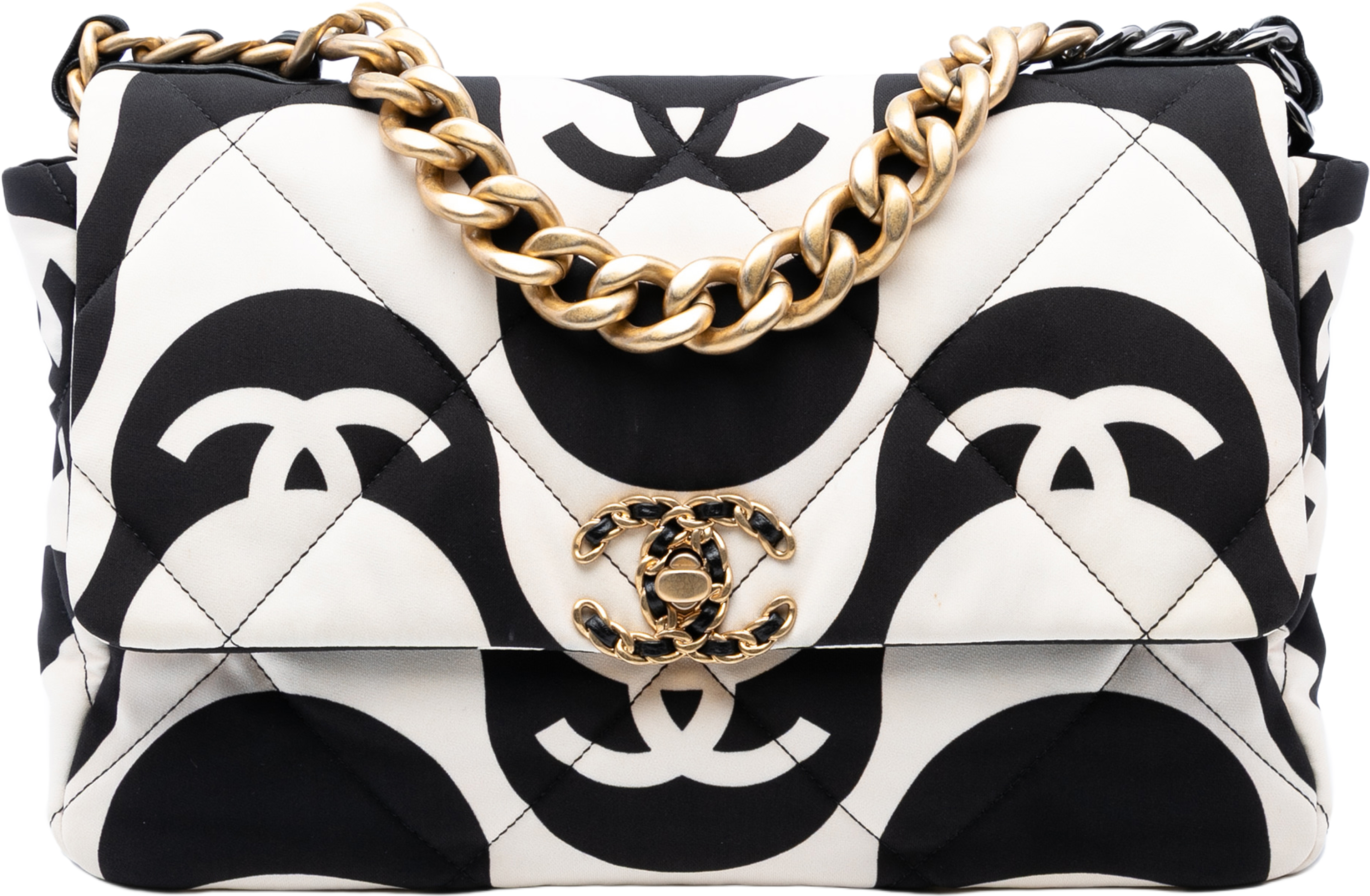 Chanel Large Printed Silk 19 Flap, från Luxclusif, i färgen white. Klicka för att öppna bilden i stort format