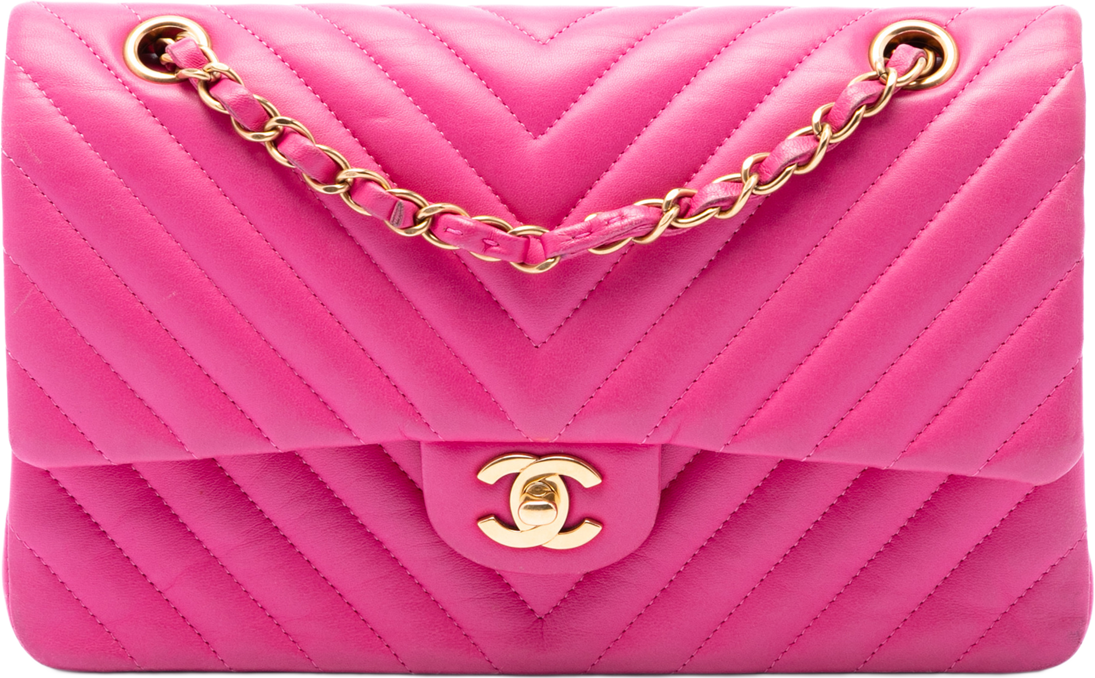 Chanel Medium Classic Chevron Lambskin Double Flap, från Luxclusif, i färgen hot pink. Klicka för att öppna bilden i stort format