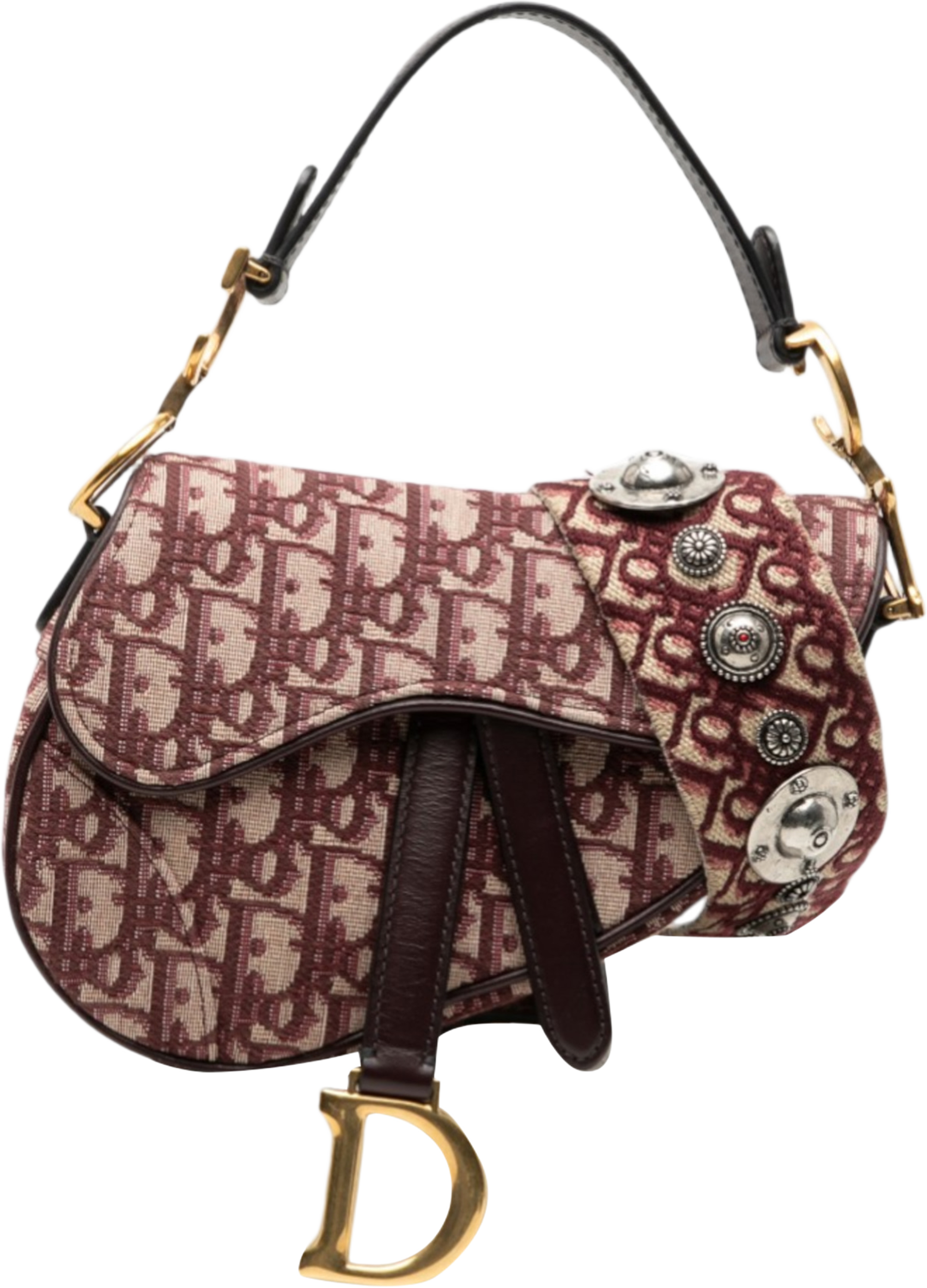 Dior Mini Oblique Canvas Saddle Bag, från Luxclusif, i färgen bordeaux. Klicka för att öppna bilden i stort format