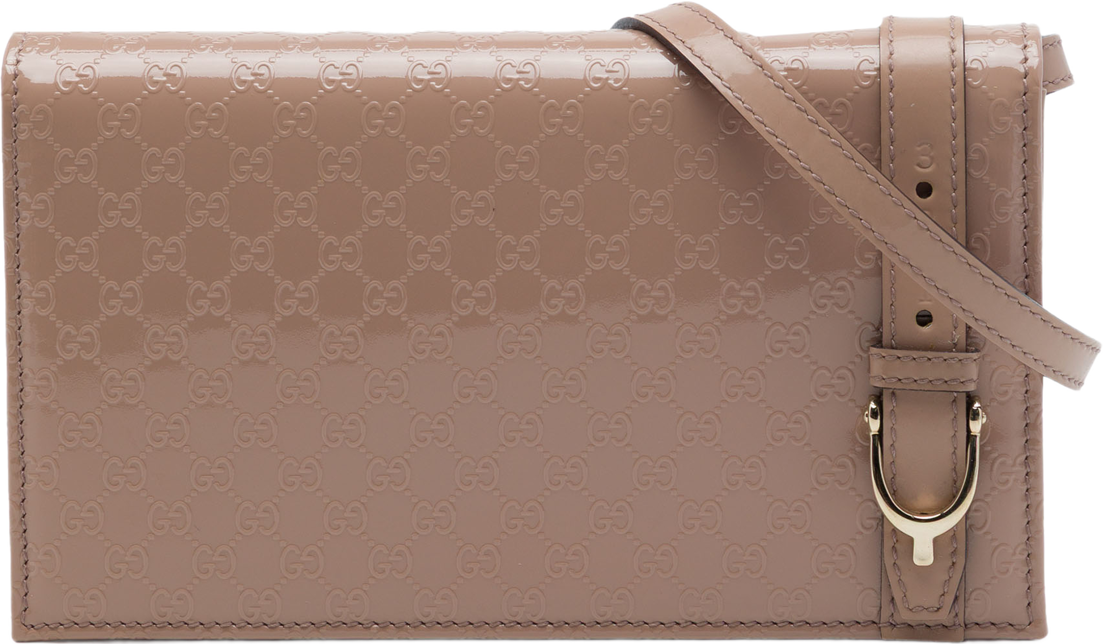 Gucci Patent Microguccissima Stirrup Crossbody, från Luxclusif, i färgen beige. Klicka för att öppna bilden i stort format