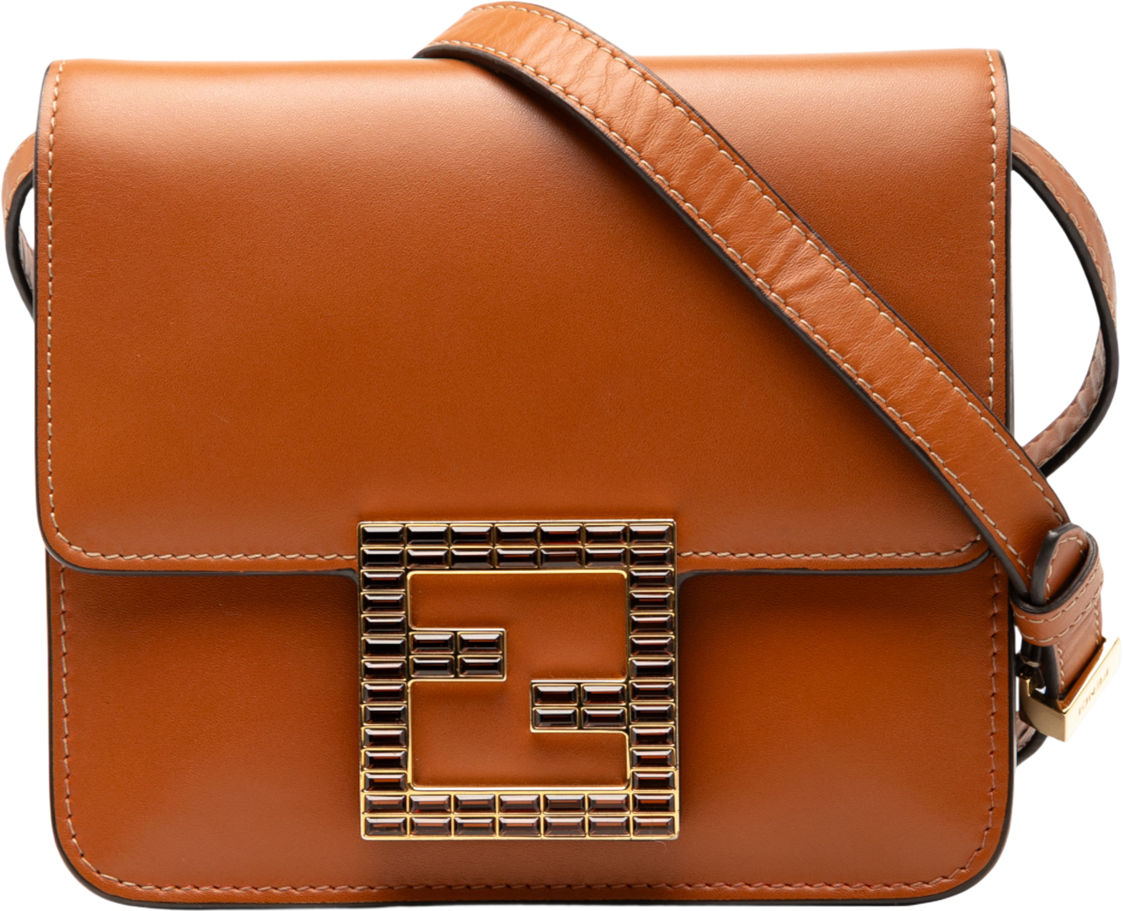 Fendi Leather Crystal Fab Crossbody, från Luxclusif, i färgen brown. Klicka för att öppna bilden i stort format