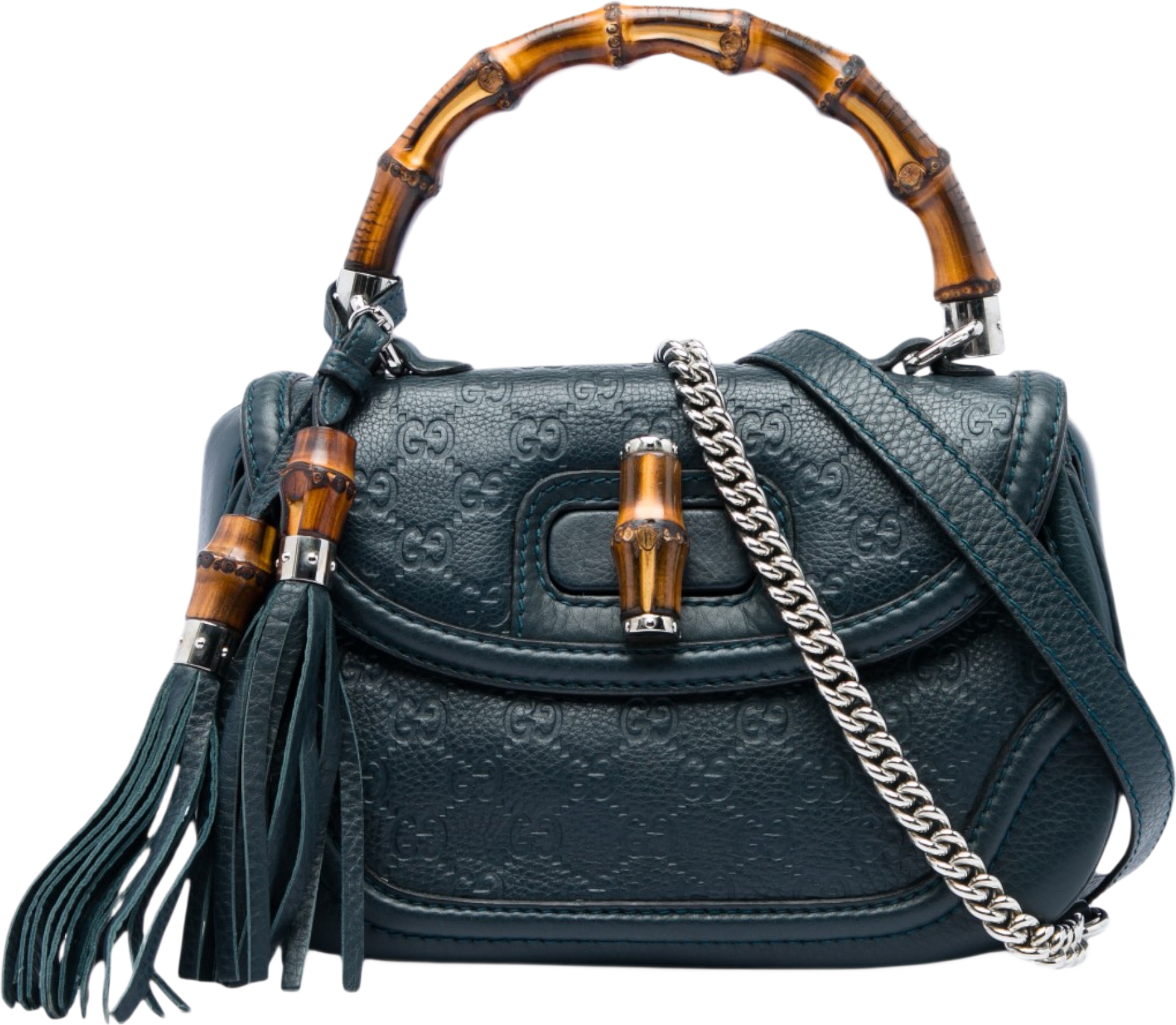 Gucci Medium Guccissima New Bamboo Top Handle Bag, från Luxclusif, i färgen blå. Klicka för att öppna bilden i stort format