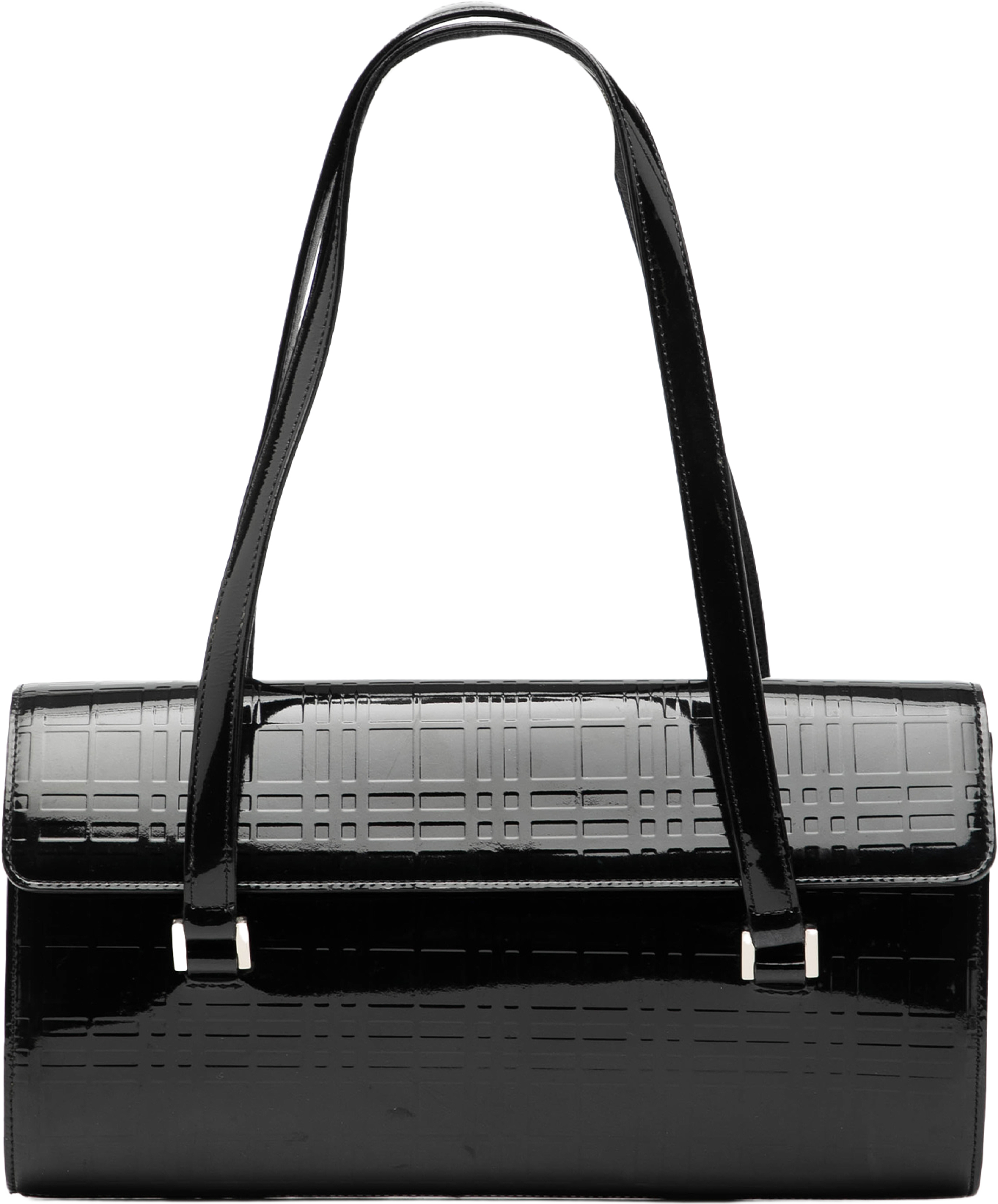 Burberry House Check Embossed Patent Shoulder Bag, från Luxclusif, i färgen black. Klicka för att öppna bilden i stort format