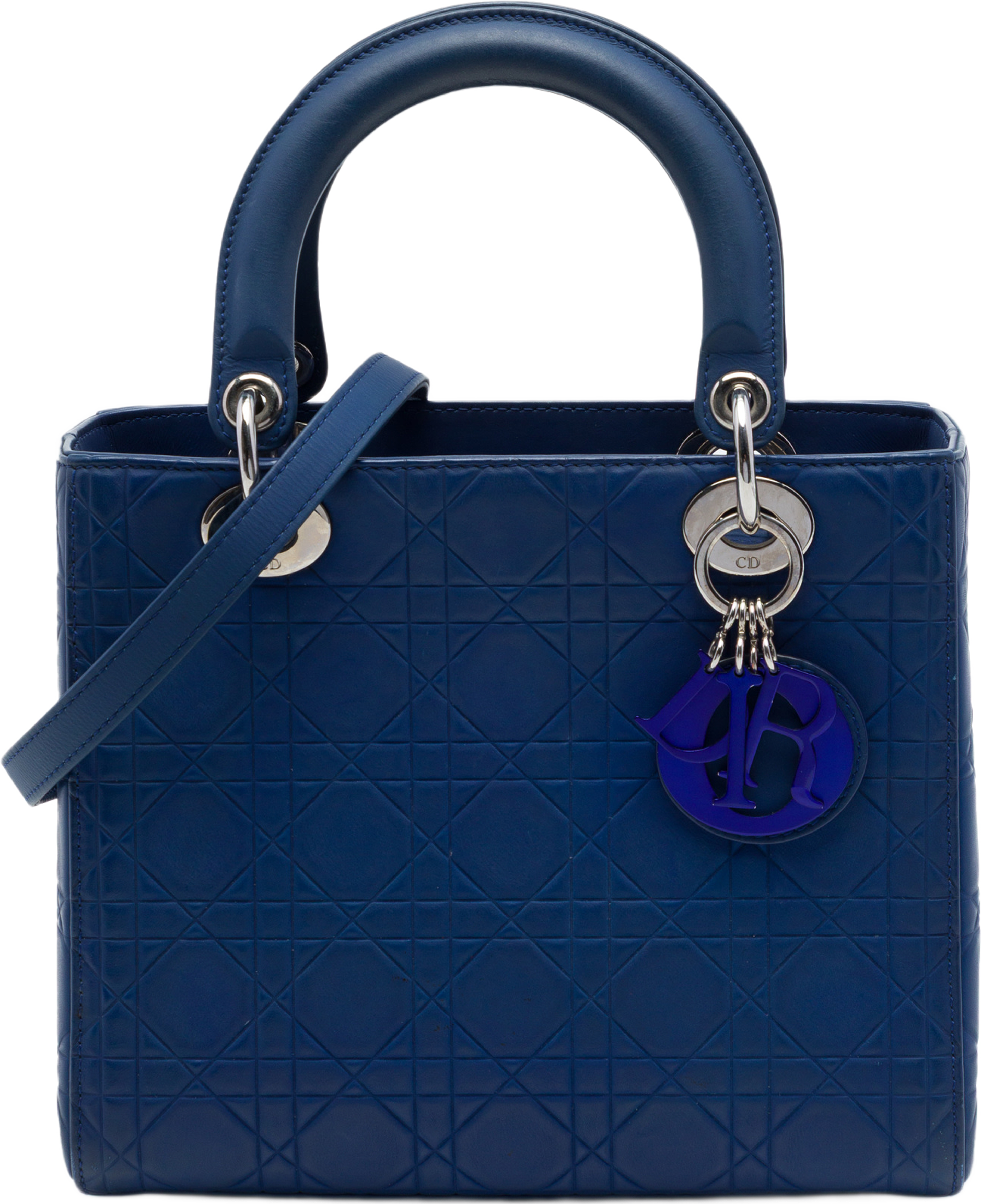 Dior Medium Ultra Matte Calfskin Embossed Cannage Lady Dior, från Luxclusif, i färgen blå. Klicka för att öppna bilden i stort format