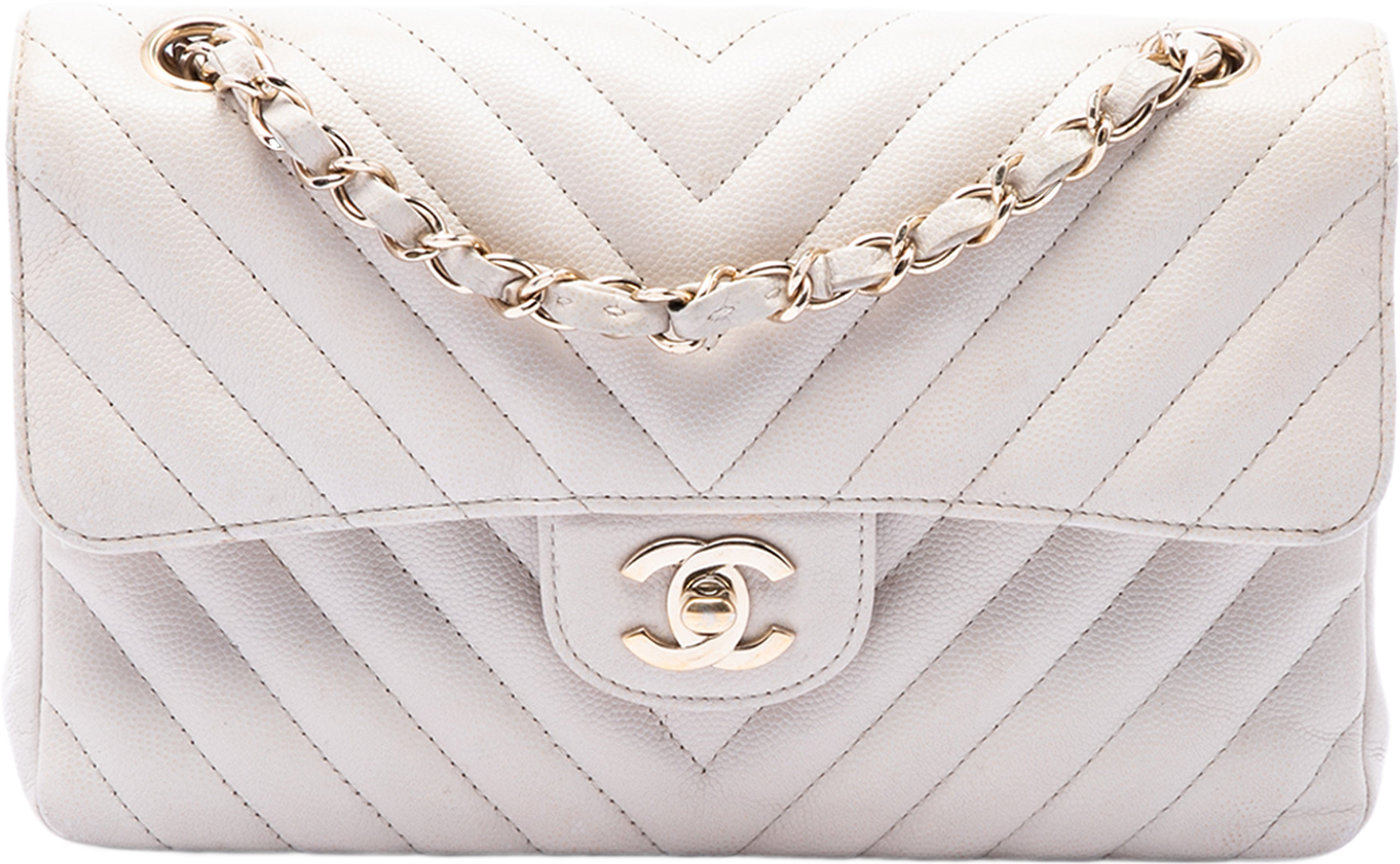 Chanel Small Classic Chevron Caviar Double Flap, från Luxclusif, i färgen vit. Klicka för att öppna bilden i stort format
