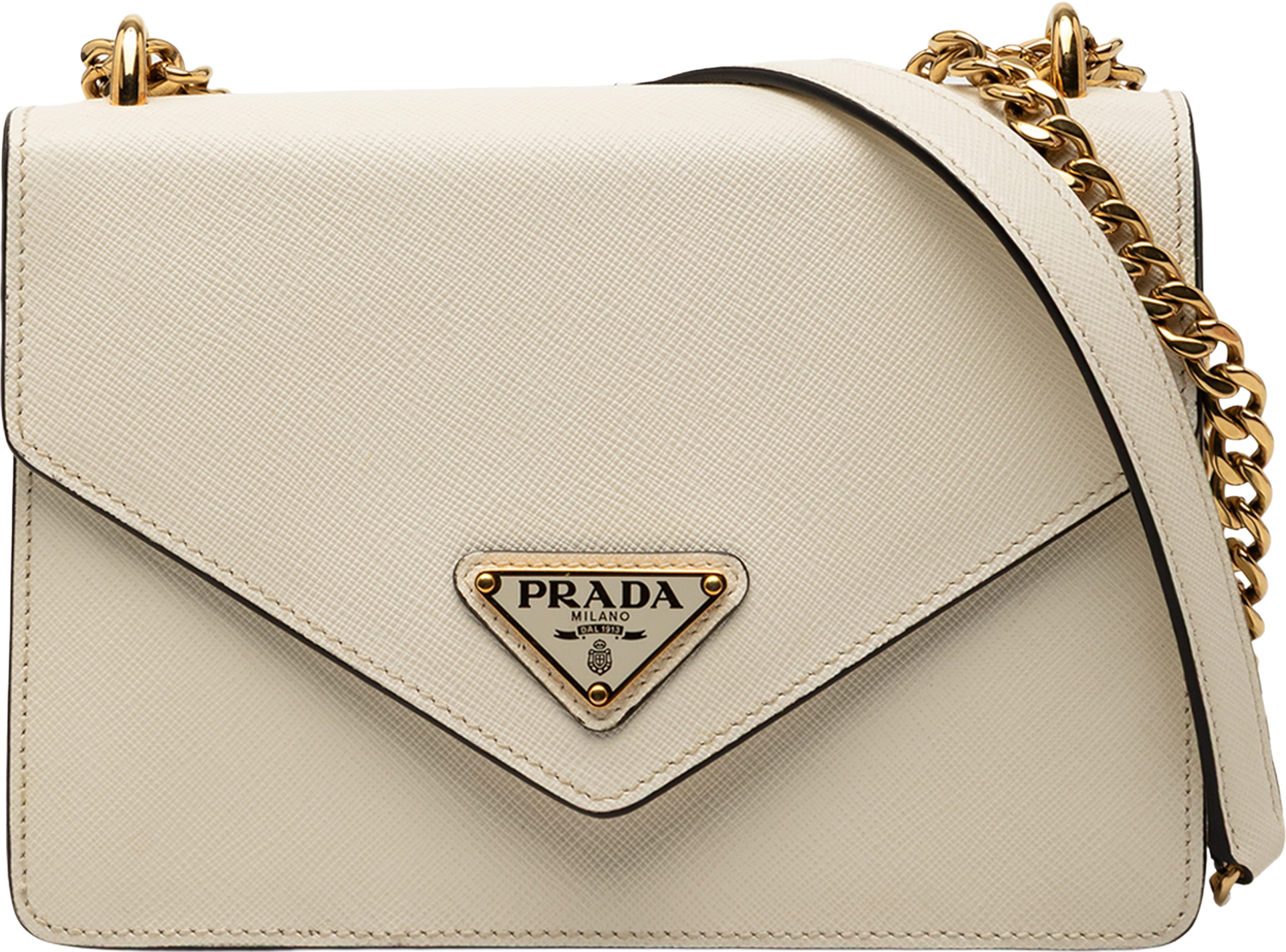 Prada Saffiano Lux Envelope Chain Flap, från Luxclusif, i färgen white. Klicka för att öppna bilden i stort format
