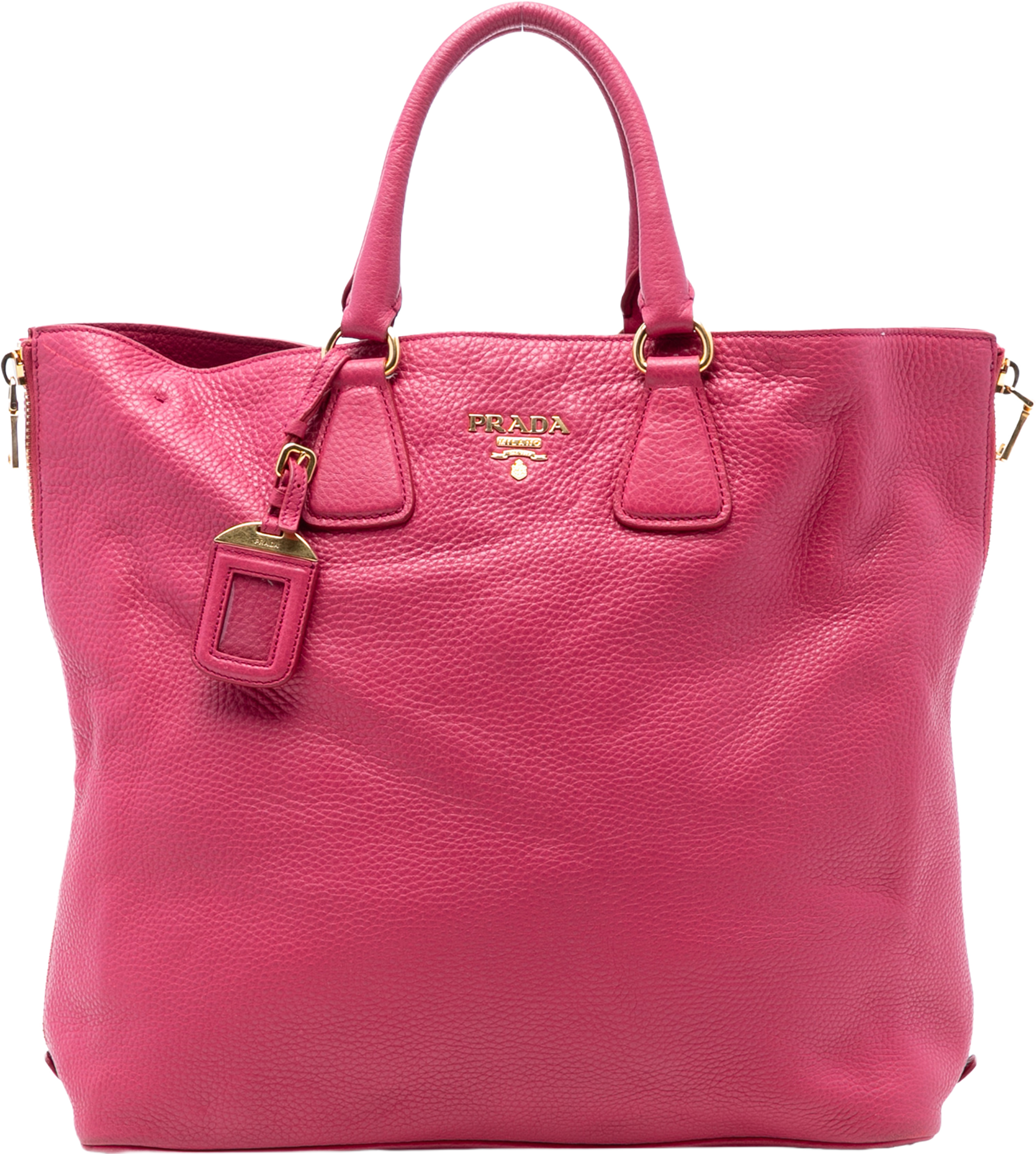 Prada Vitello Daino Side Zip Open Convertible Tote, från Luxclusif, i färgen hot pink. Klicka för att öppna bilden i stort format