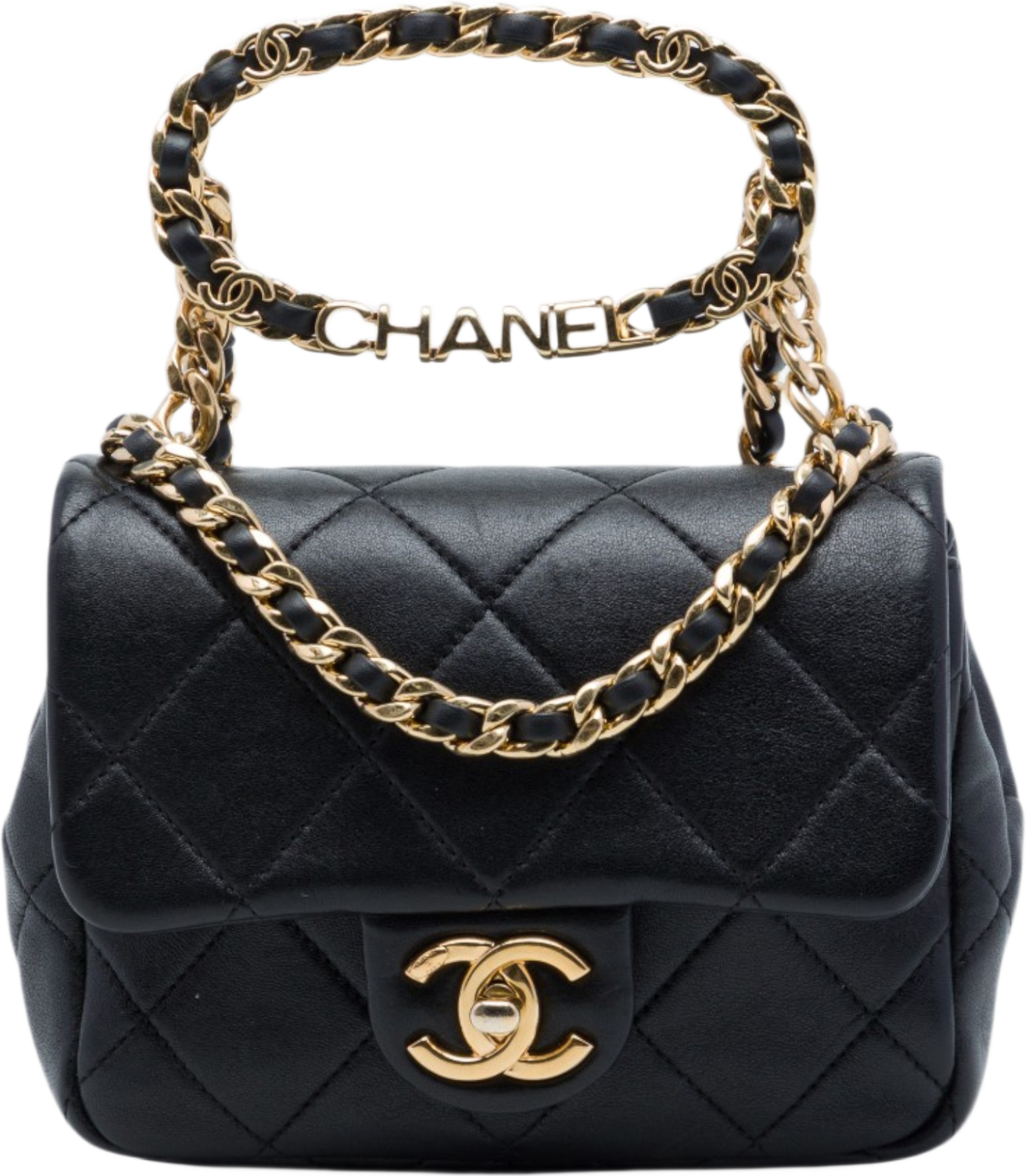 Chanel Mini Quilted Lambskin Oval Logo Chain Top Handle Flap, från Luxclusif, i färgen svart. Klicka för att öppna bilden i stort format