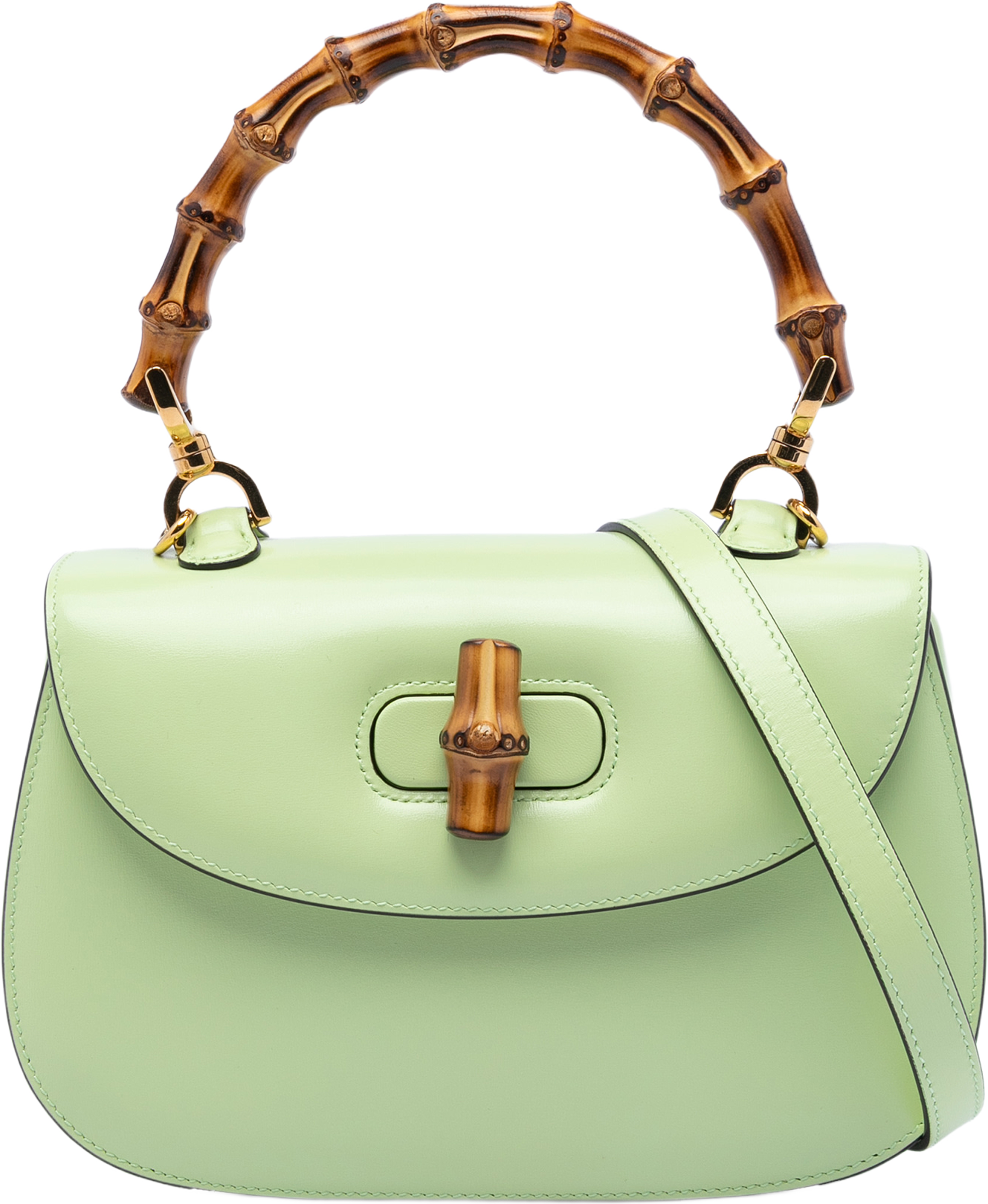 Gucci Small Calfskin 1947 Bamboo Top Handle Bag, från Luxclusif, i färgen light green. Klicka för att öppna bilden i stort format