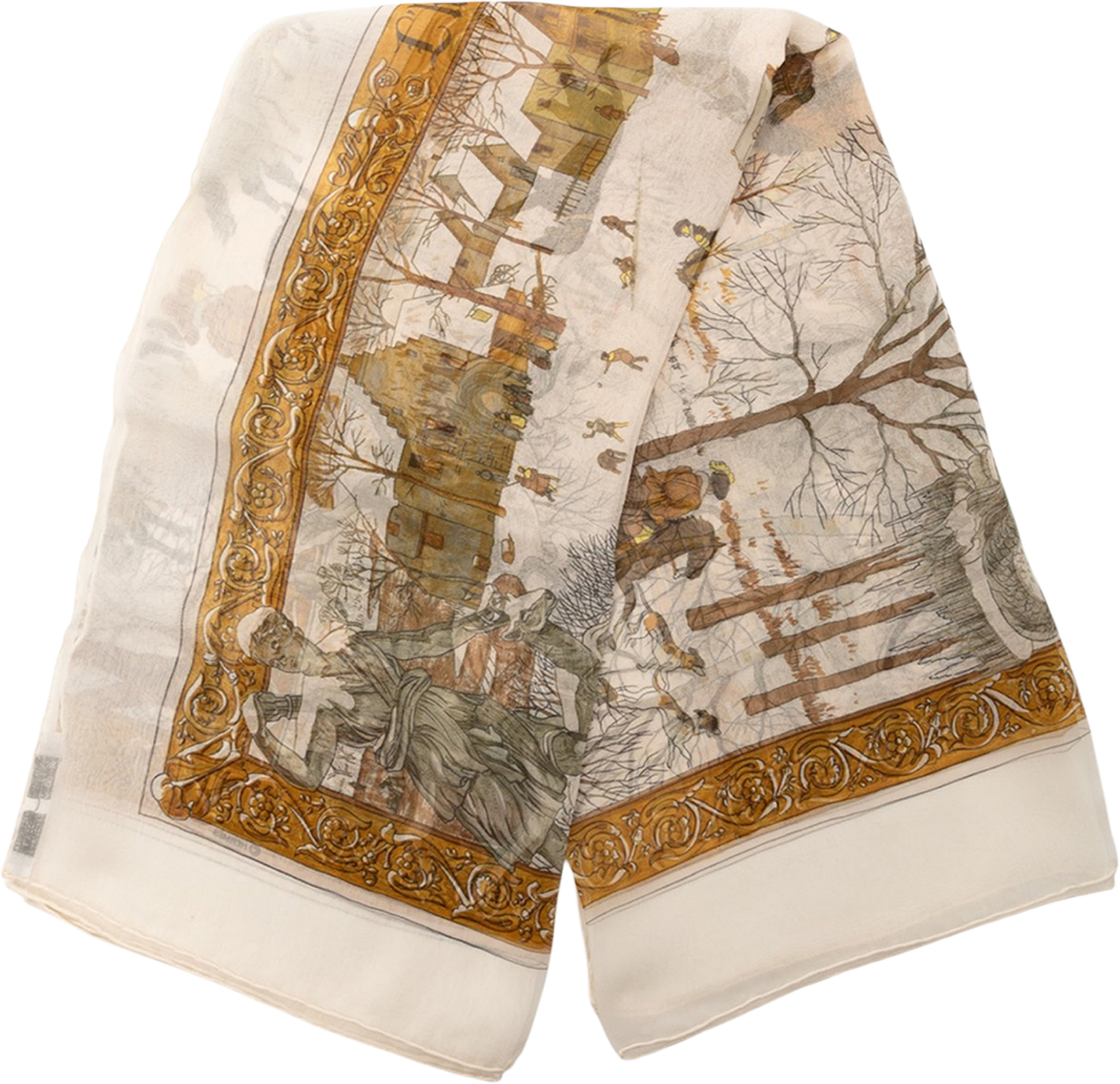 Hermès L'hiver Silk Scarf 90, från Luxclusif, i färgen light beige. Klicka för att öppna bilden i stort format