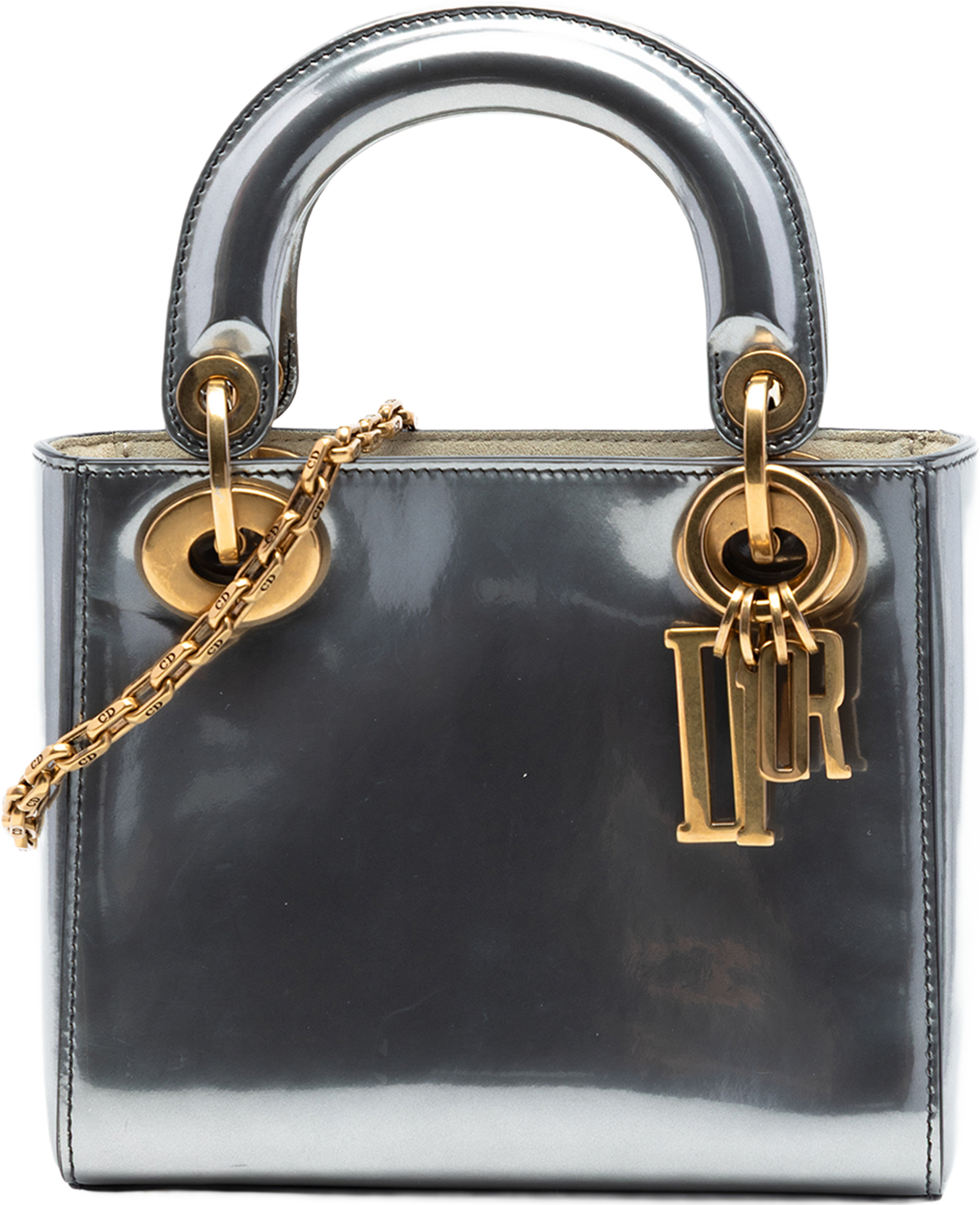 Dior Mini Metallic Patent Lady Dior, från Luxclusif, i färgen silver. Klicka för att öppna bilden i stort format