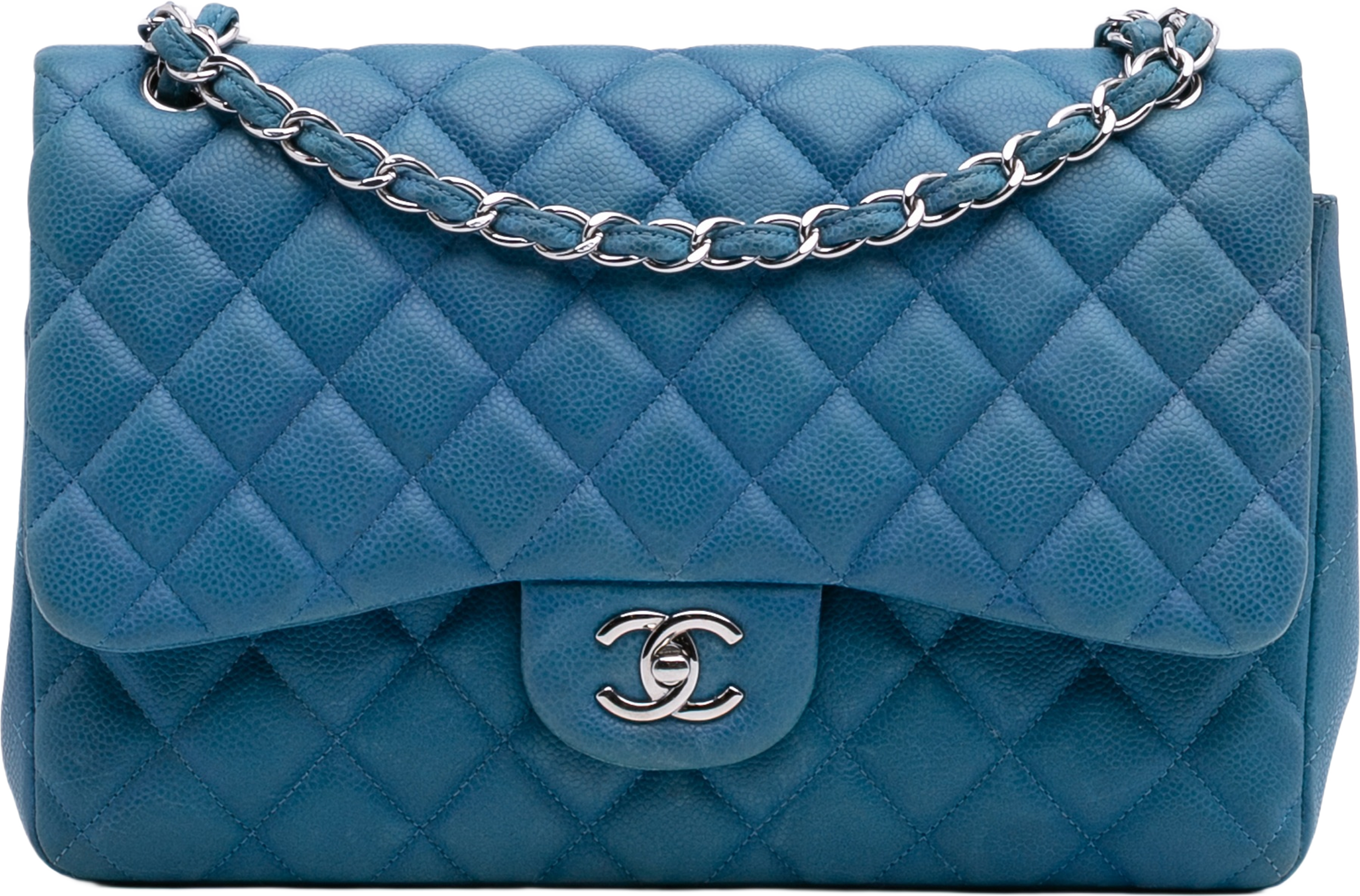 Chanel Jumbo Classic Caviar Double Flap, från Luxclusif, i färgen blue. Klicka för att öppna bilden i stort format