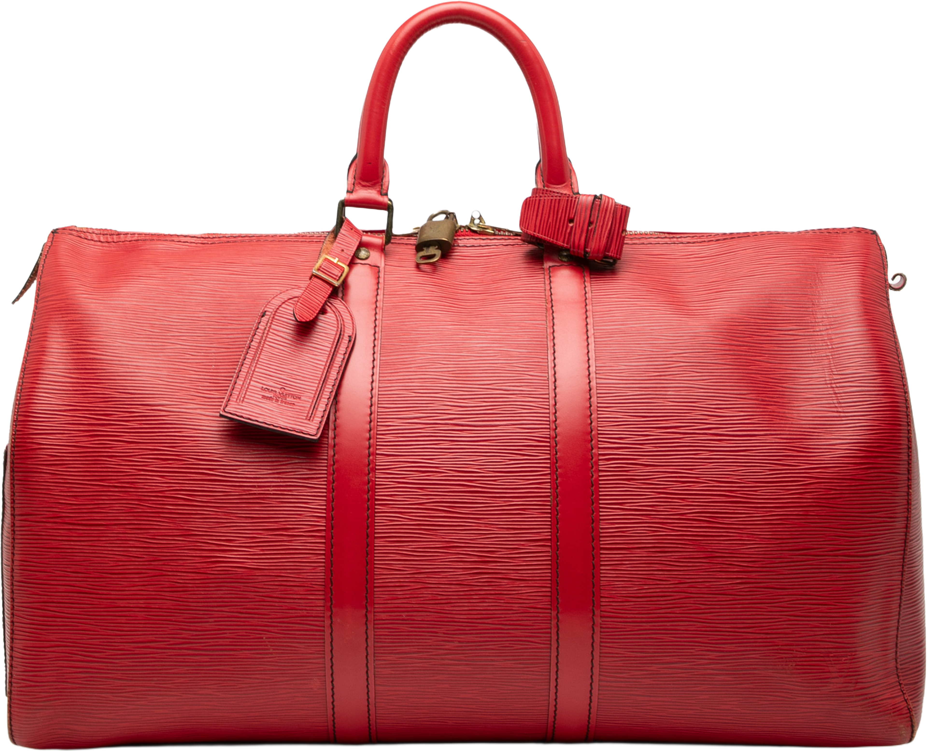 Louis Vuitton Epi Keepall 50, från Luxclusif, i färgen red. Klicka för att öppna bilden i stort format