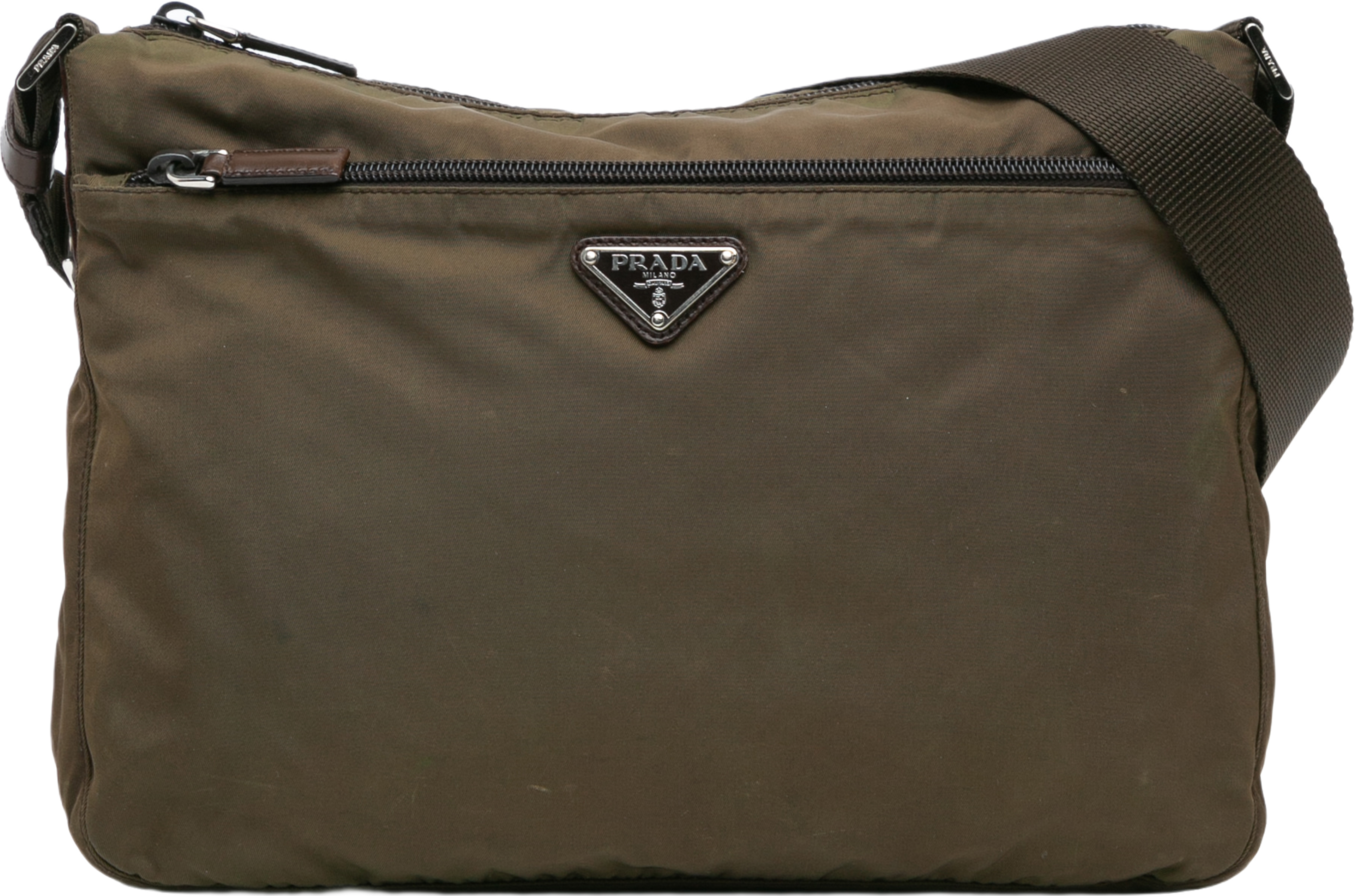 Prada Tessuto Zip Top Crossbody, från Luxclusif, i färgen dark khaki. Klicka för att öppna bilden i stort format