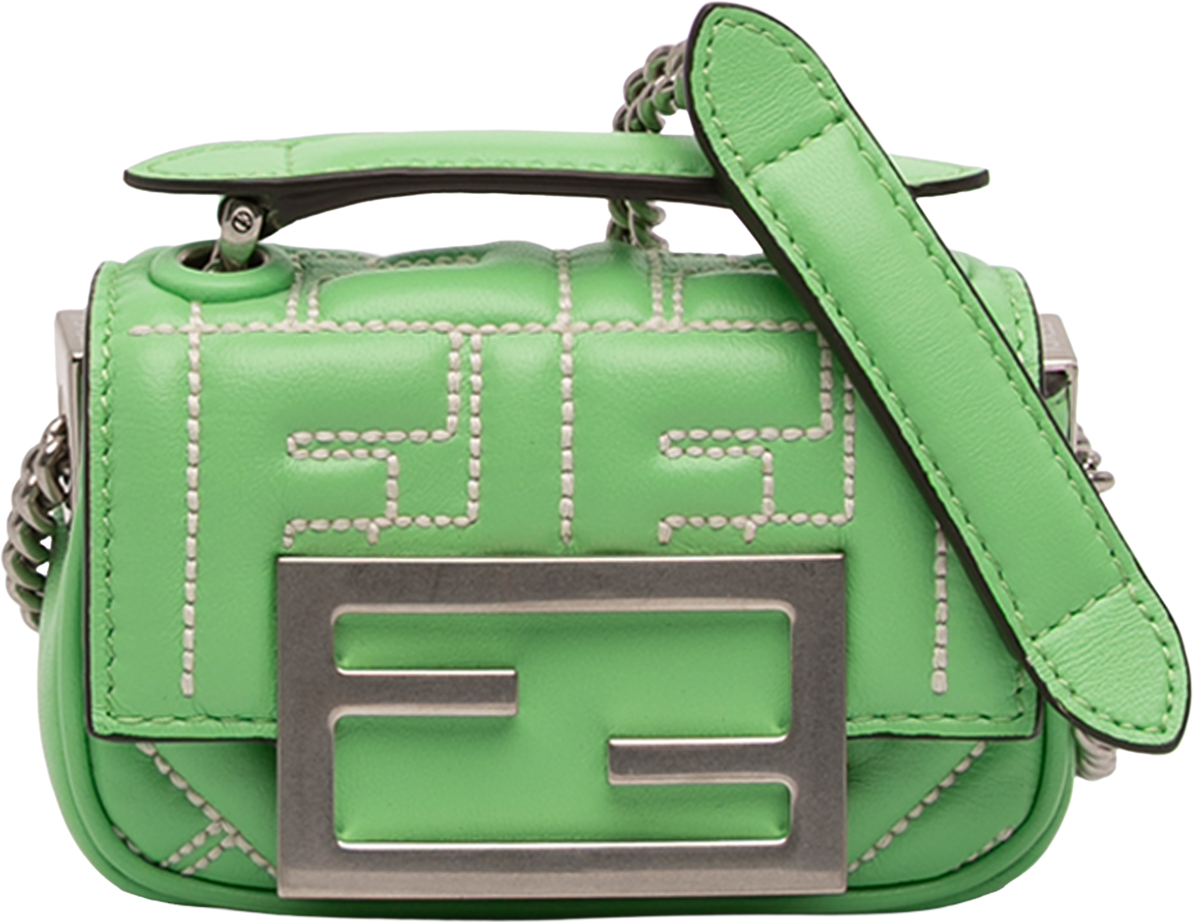 Fendi Nano Zucca Embossed Leather Baguette Charm, från Luxclusif, i färgen light green. Klicka för att öppna bilden i stort format