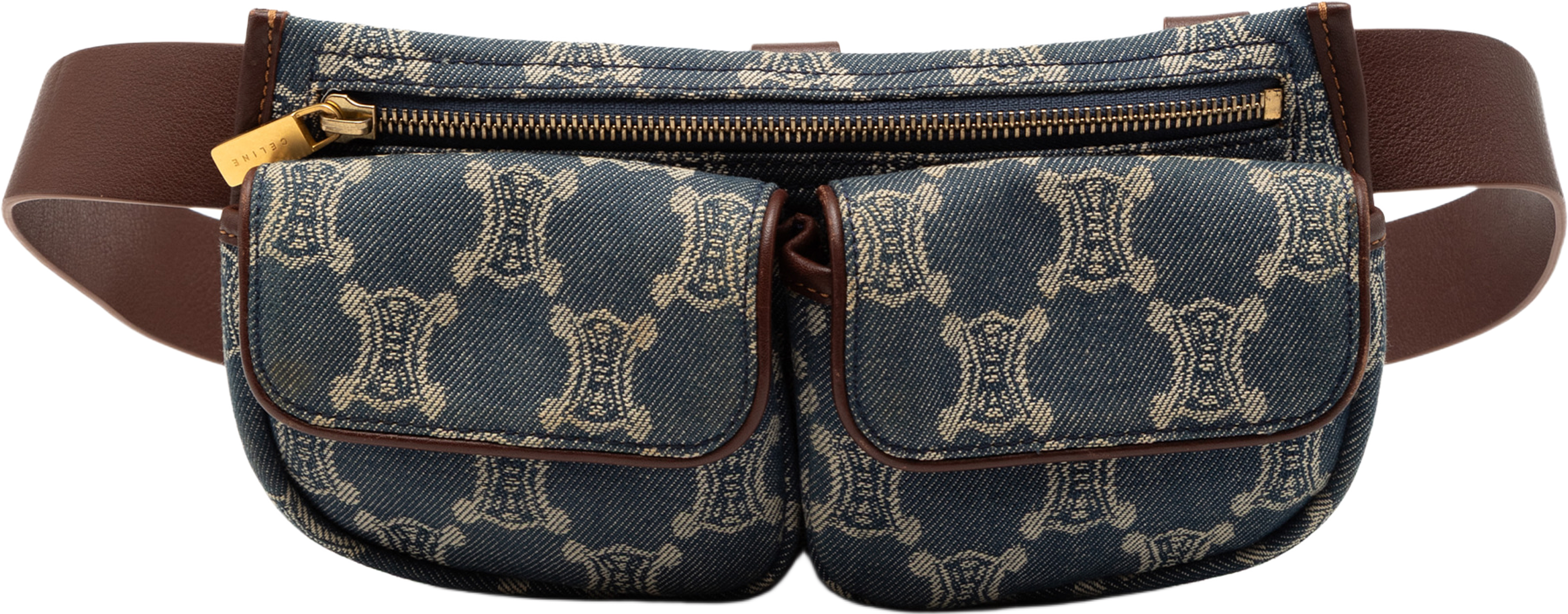 Celine Macadam Denim Double Pocket Belt Bag, från Luxclusif, i färgen denim. Klicka för att öppna bilden i stort format