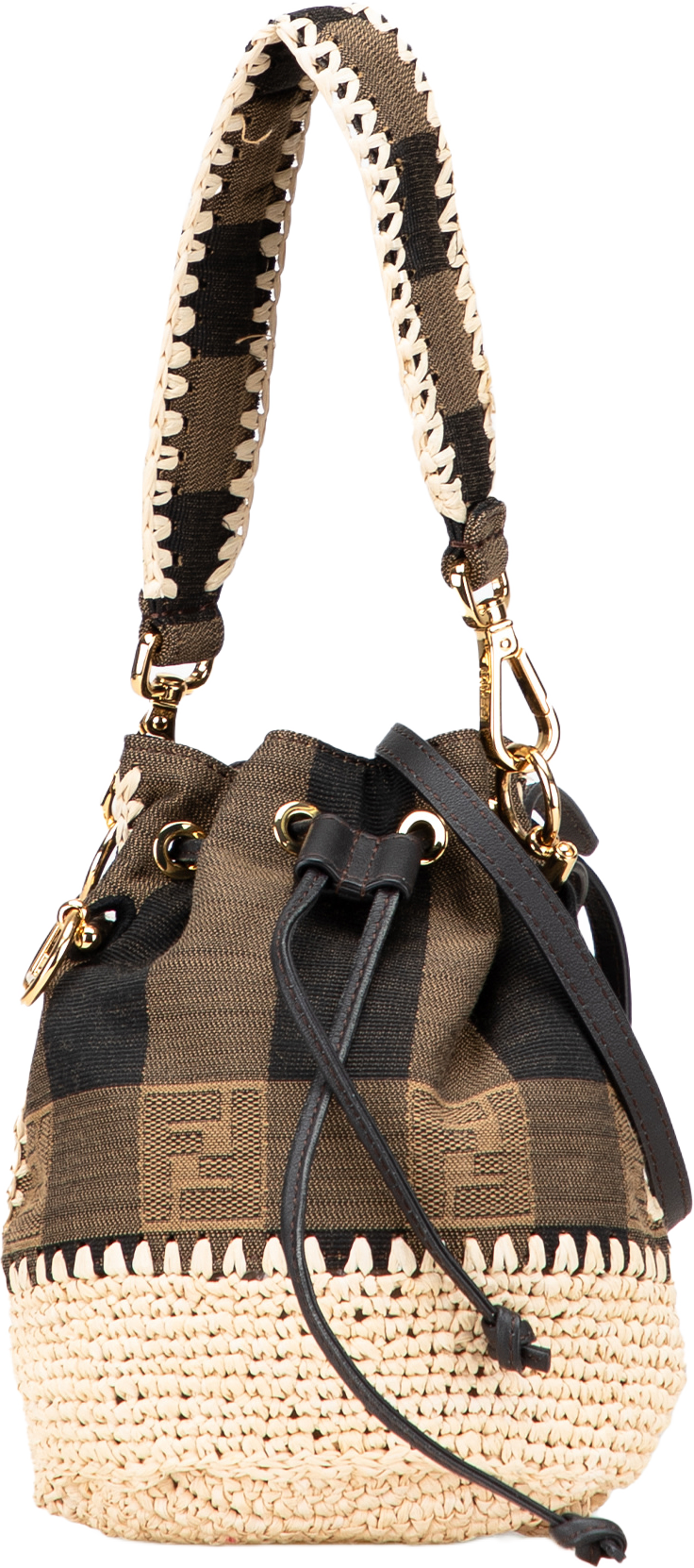 Fendi Zucca Pequin Jaquard And Straw Mon Tresor Bucket Bag, från Luxclusif, i färgen brown. Klicka för att öppna bilden i stort format