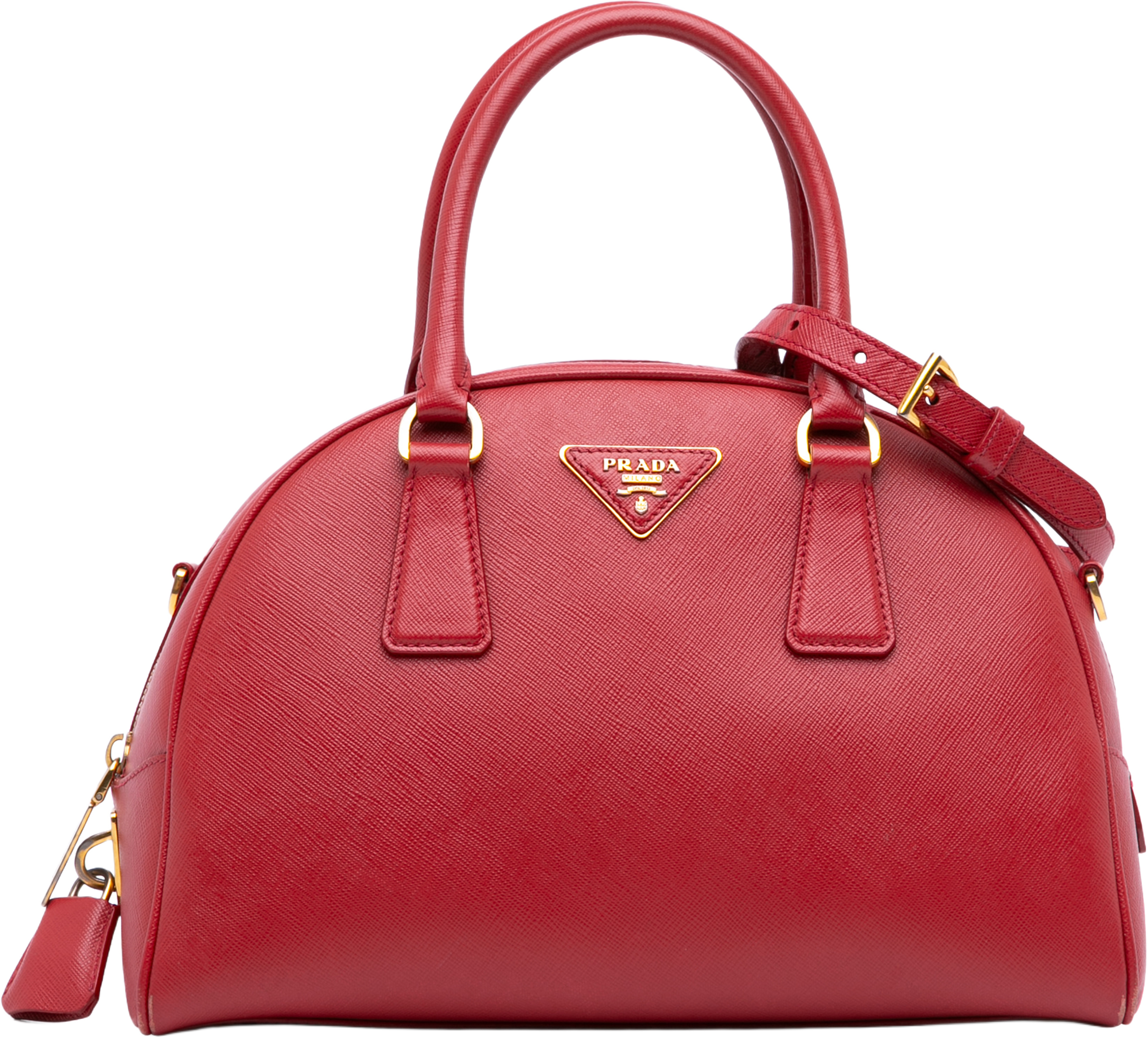 Prada Saffiano Lux Bowling Bag, från Luxclusif, i färgen red. Klicka för att öppna bilden i stort format