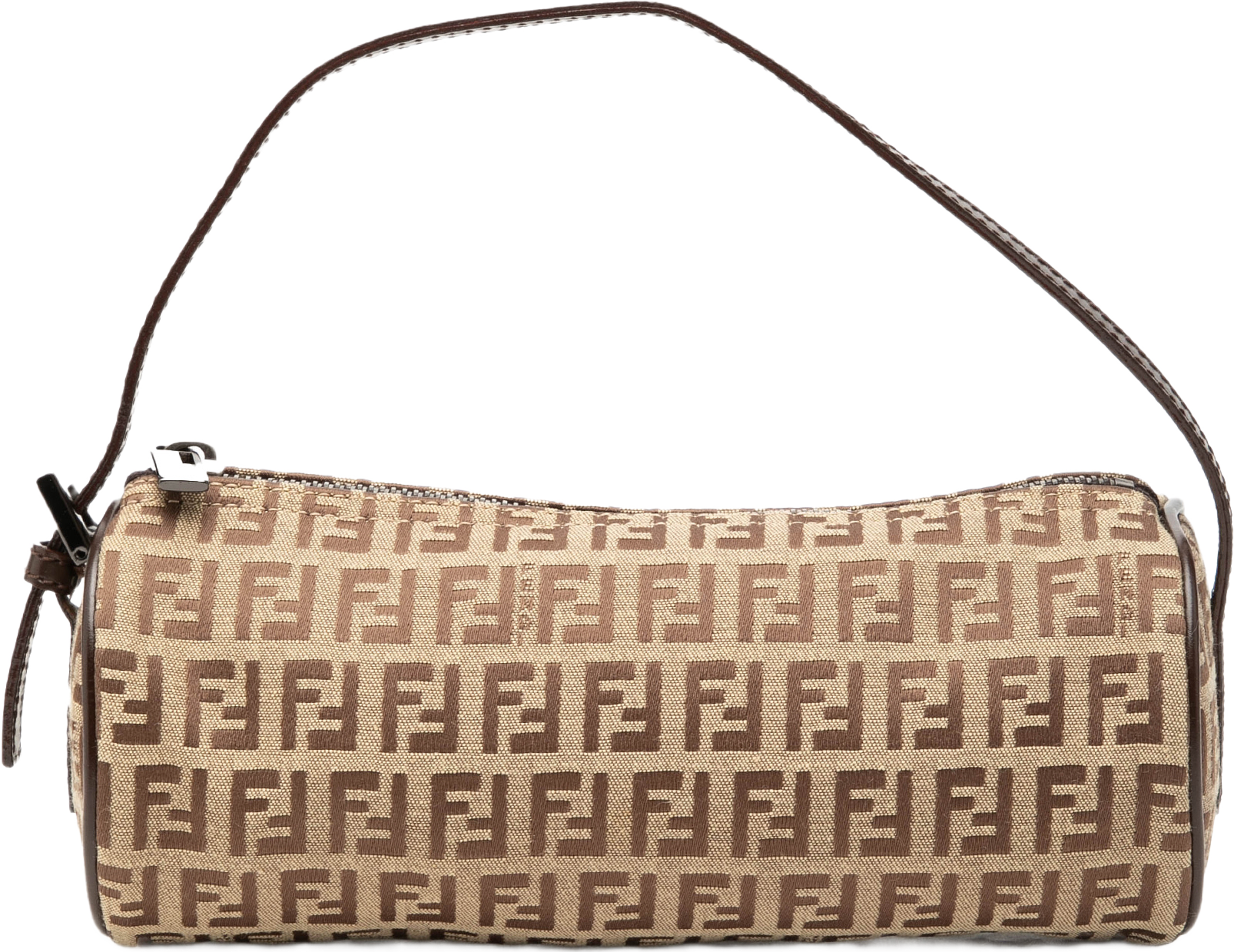 Fendi Zucchino Canvas Barrel Pochette, från Luxclusif, i färgen light brown. Klicka för att öppna bilden i stort format