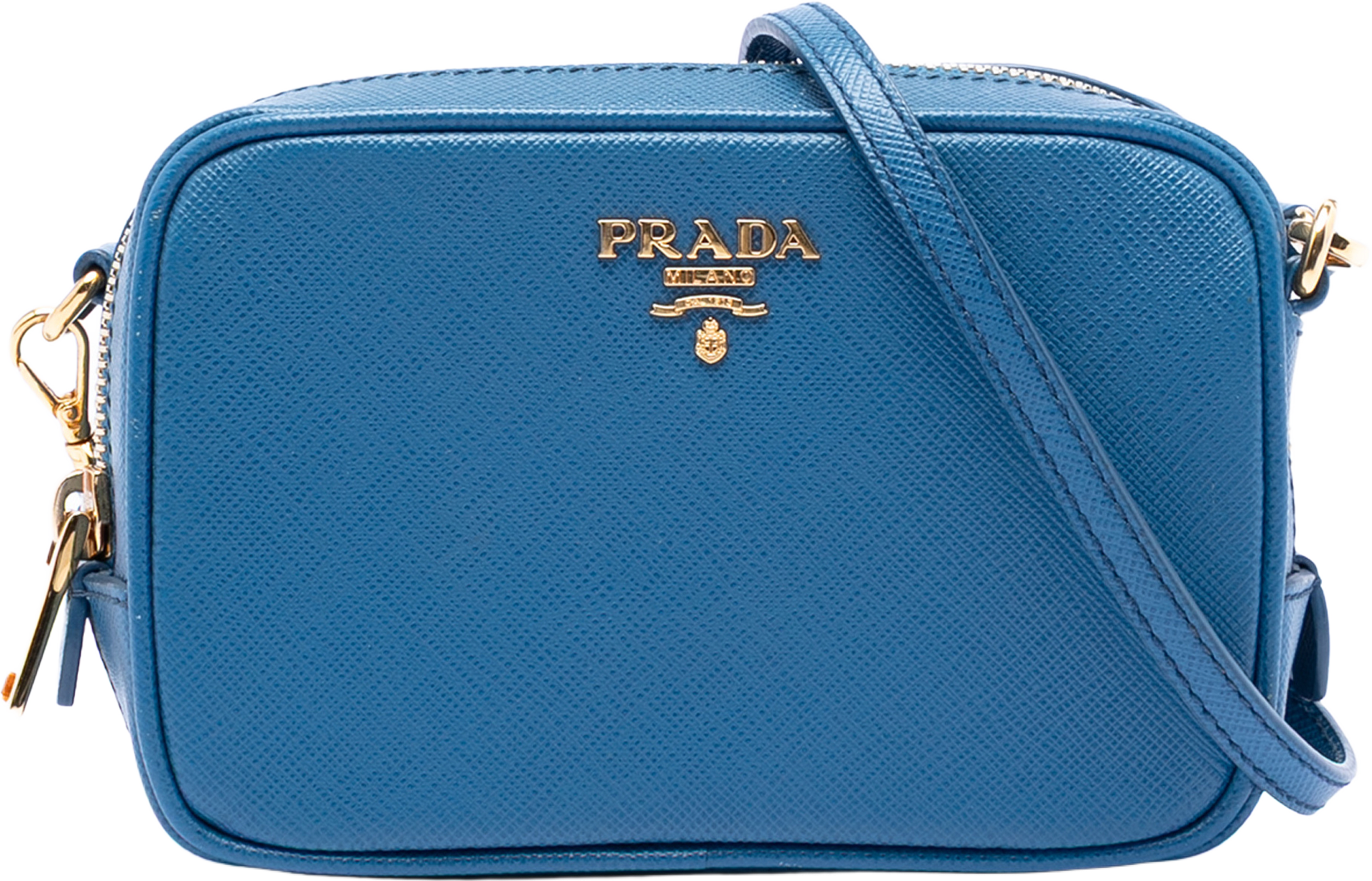 Prada Saffiano Lux Camera Bag, från Luxclusif, i färgen blue. Klicka för att öppna bilden i stort format