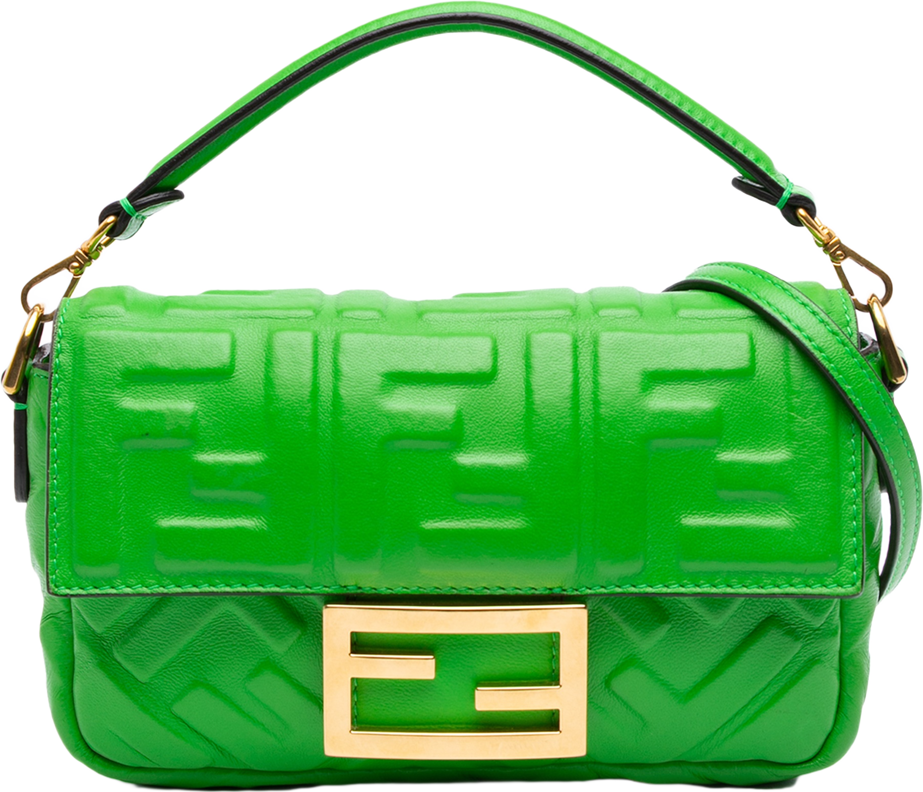 Fendi Mini Zucca Embossed Leather Baguette Satchel, från Luxclusif, i färgen lime. Klicka för att öppna bilden i stort format