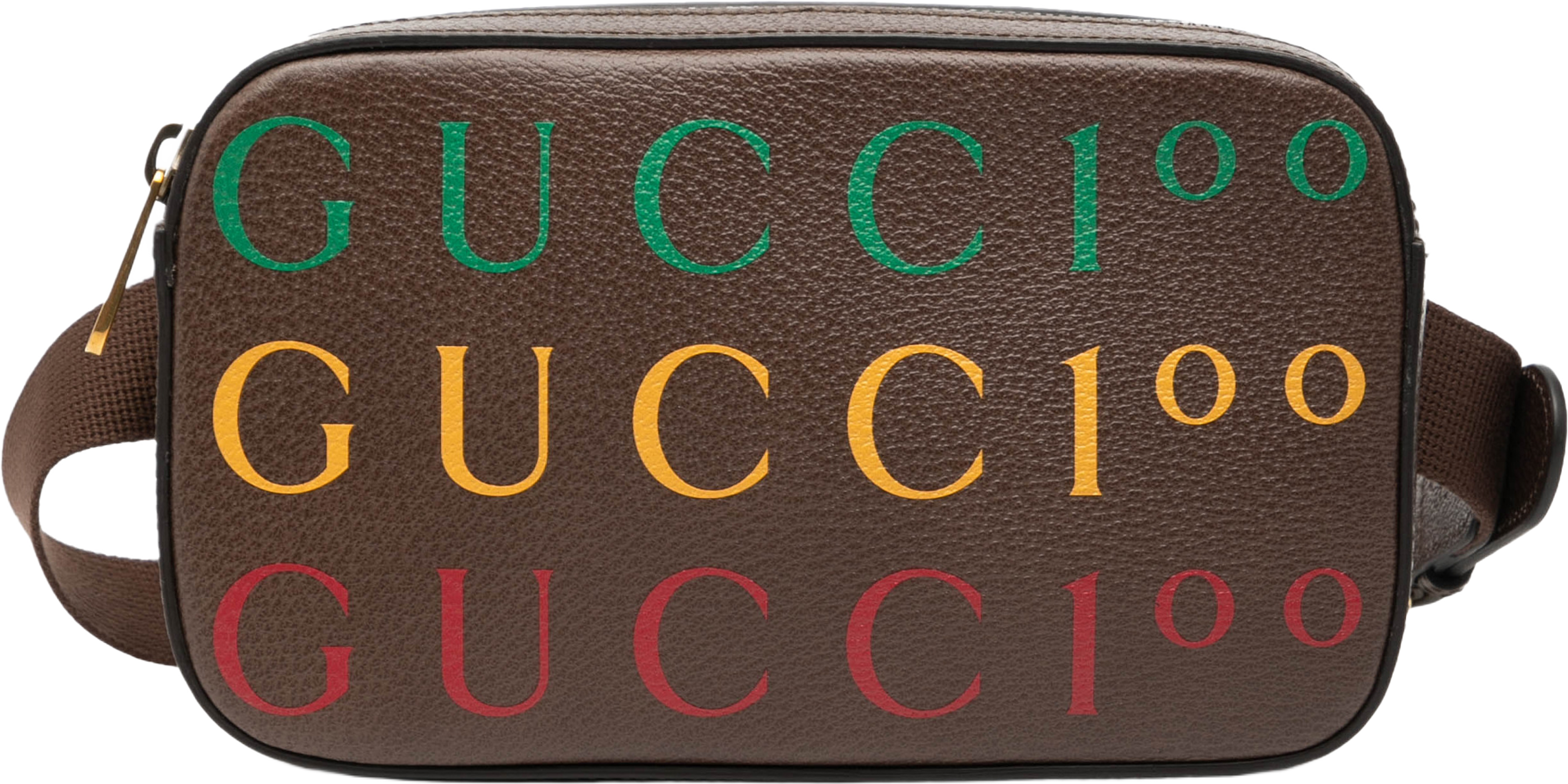 Gucci 100th Anniversary Textured Dollar Calfskin Logo Belt Bag, från Luxclusif, i färgen dark brown. Klicka för att öppna bilden i stort format