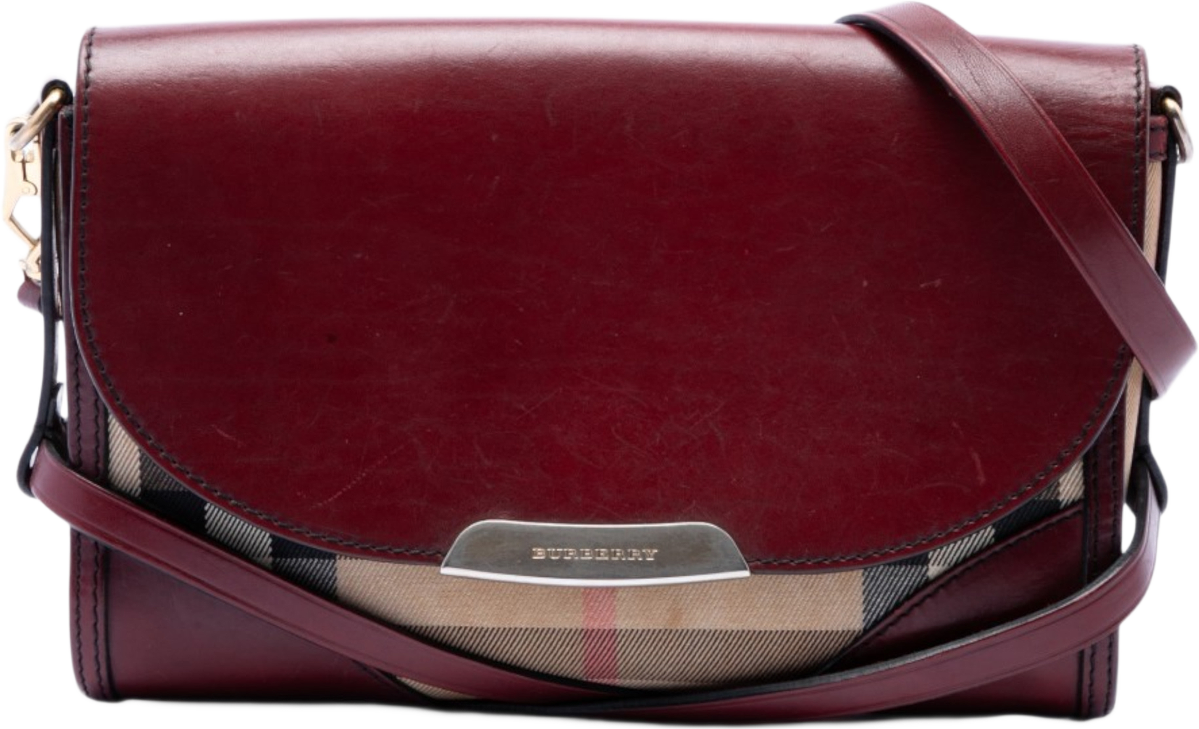 Burberry Leather And House Check Canvas Bridle Abbott Crossbody, från Luxclusif, i färgen red. Klicka för att öppna bilden i stort format