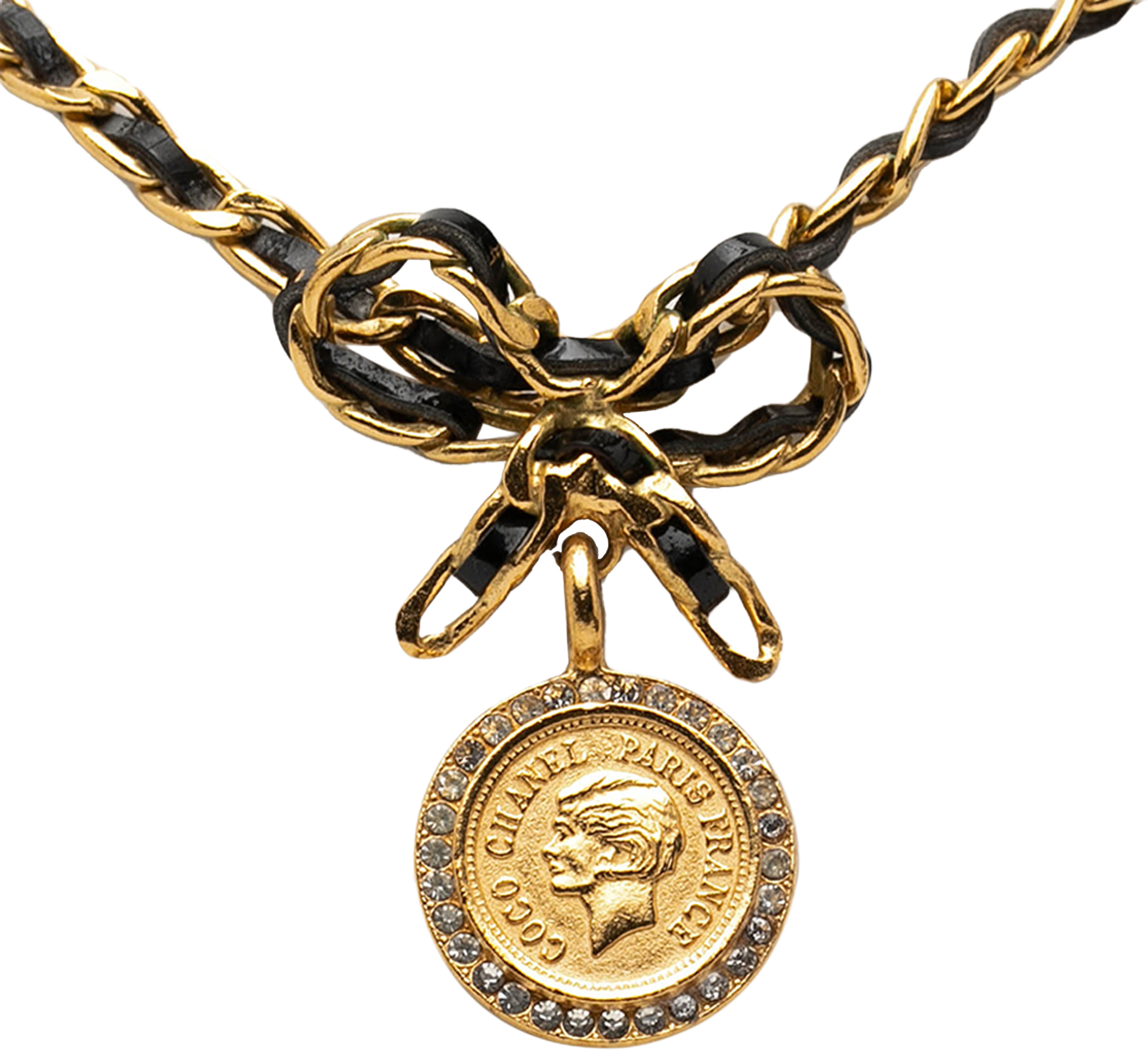 Chanel Leather And Gold Plated Medallion Bow Pendant Necklace, från Luxclusif, i färgen gold. Klicka för att öppna bilden i stort format